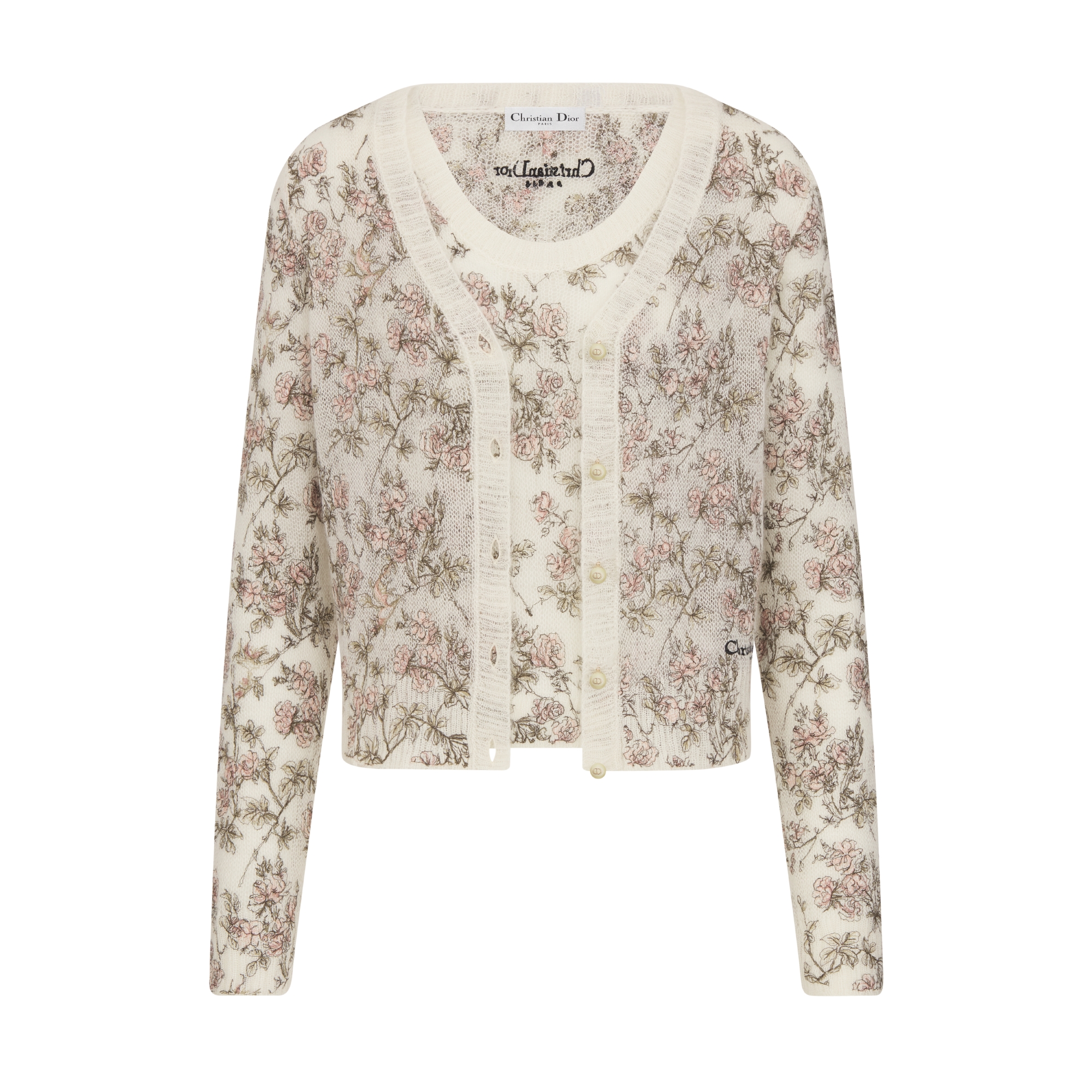 Embroidered Twinset White Silk-Mohair-Alpaca-Blend Knit with Multicolor Rosier de Dior Motif E01