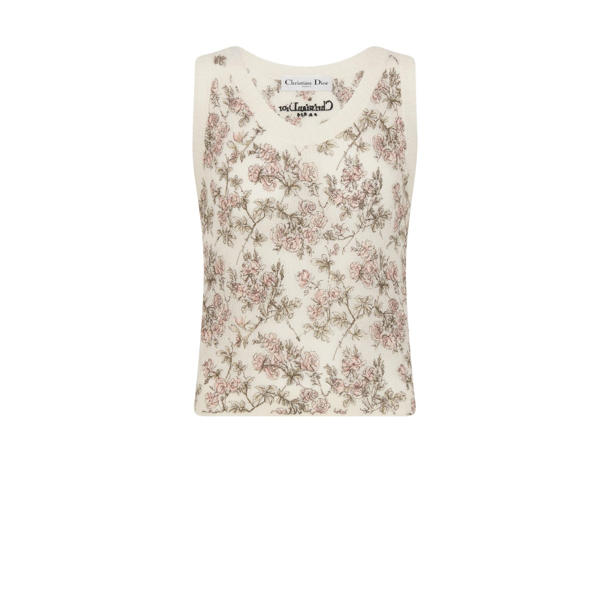 刺繡兩件式套裝 白色絲綢、馬海毛、羊駝毛混紡針織綴以多色 Rosier de Dior 主題圖案 E10