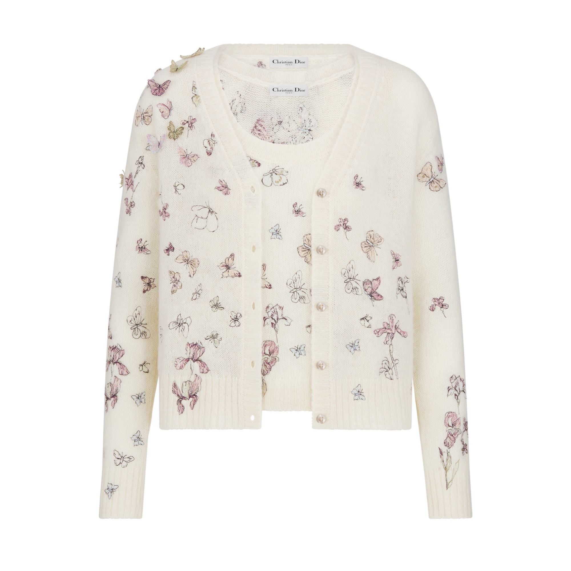 Besticktes Twinset Strick aus Alpakawolle, Kaschmir und Seide in Weiß mit Butterflies & Iris Motiv in mehreren Farben E01