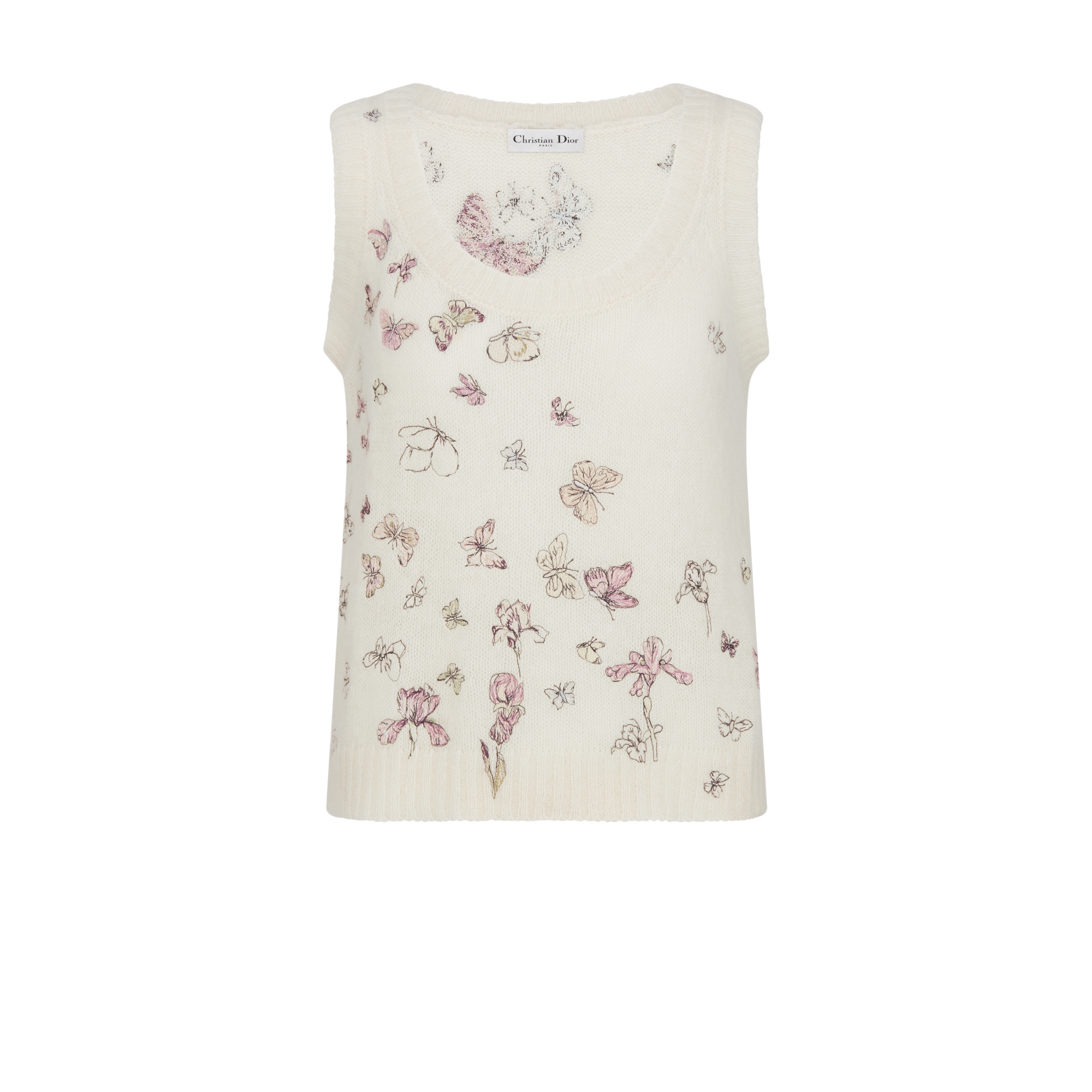 Embroidered Twinset White Alpaca, Cashmere and Silk Knit with Multicolor Butterflies & Iris Motif E10