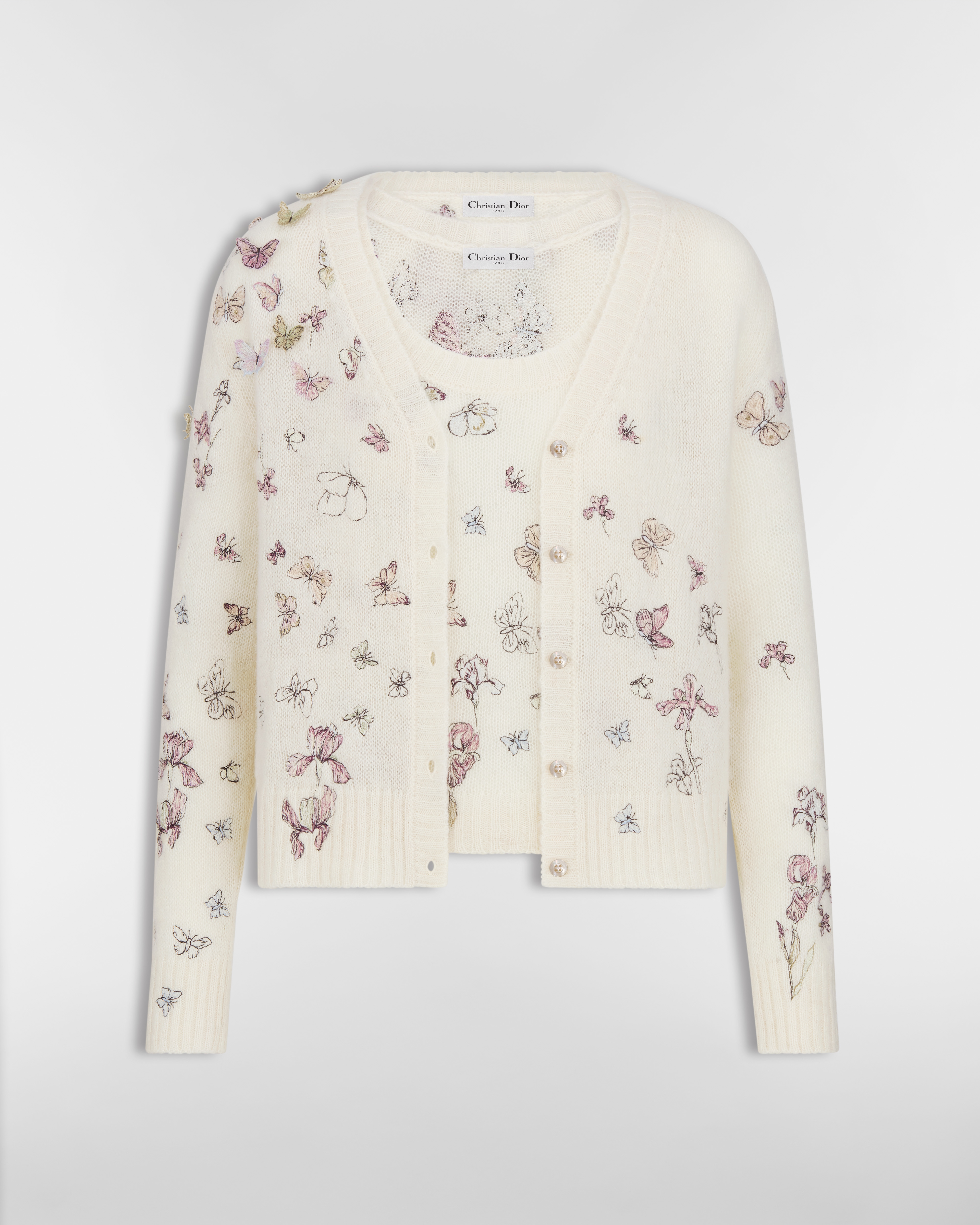 Twin-set brodé Maille d'alpaga, cachemire et soie blancs à motif Butterflies & Iris multicolore E01