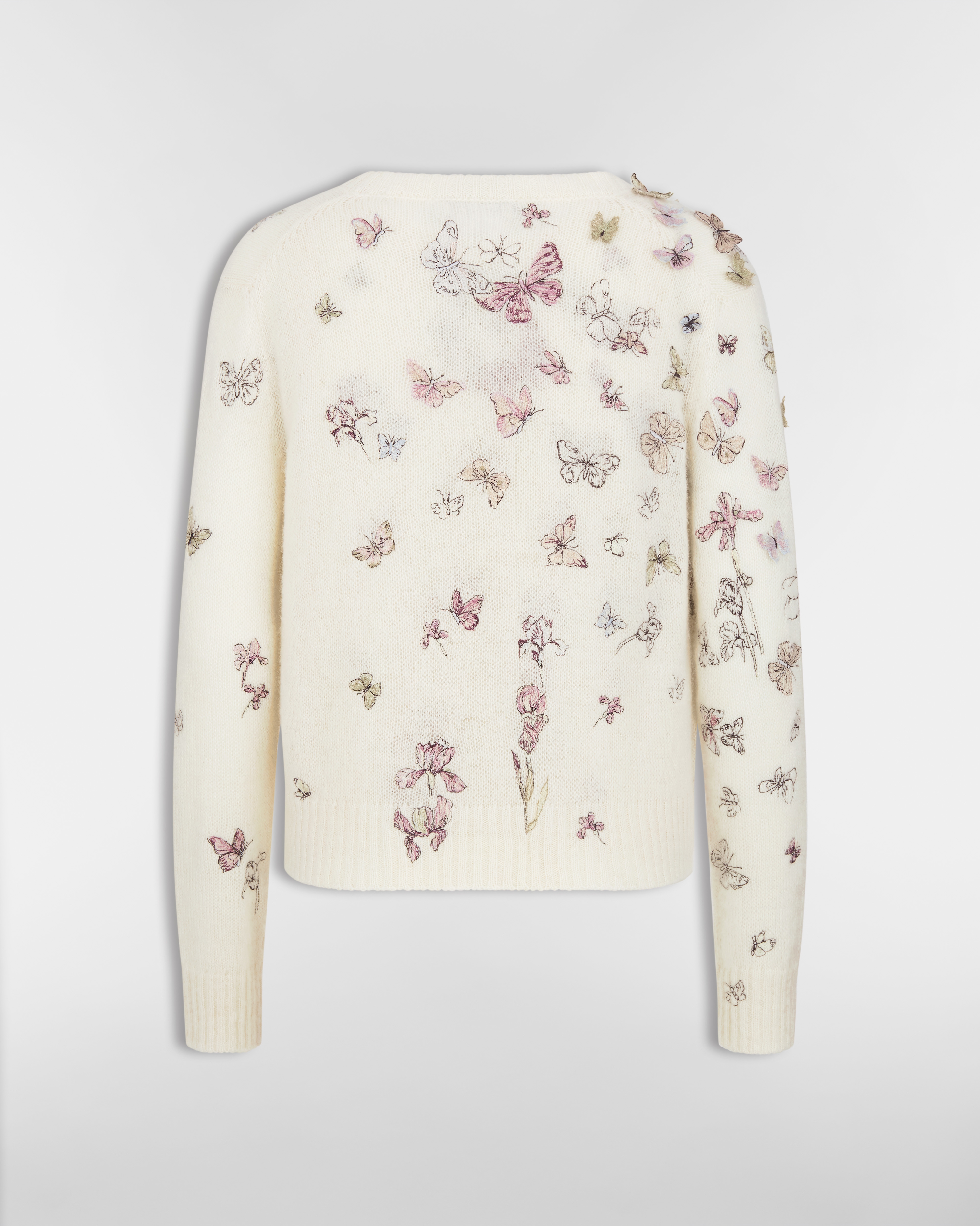 Embroidered Twinset White Alpaca, Cashmere and Silk Knit with Multicolor Butterflies & Iris Motif E08