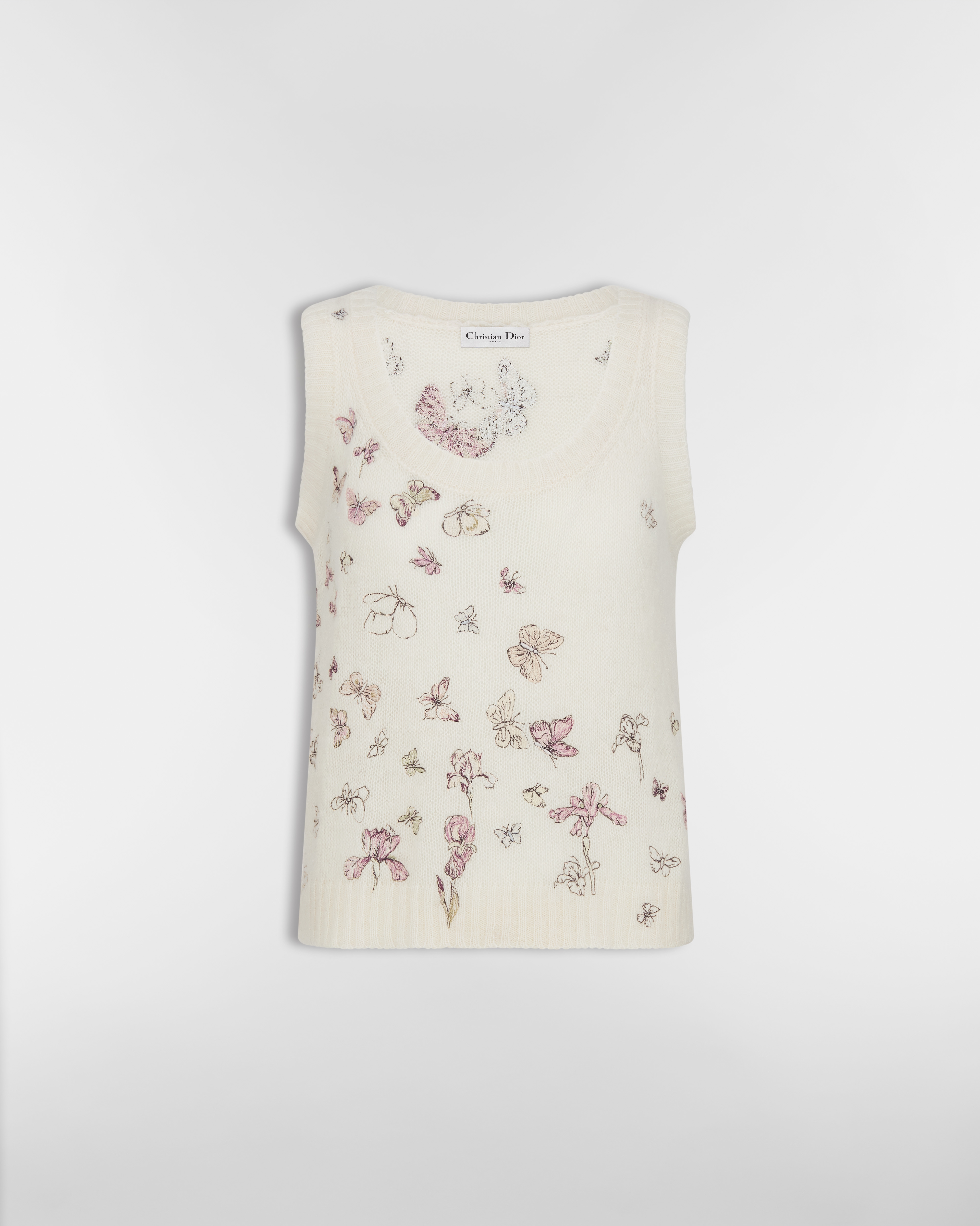 Embroidered Twinset White Alpaca, Cashmere and Silk Knit with Multicolor Butterflies & Iris Motif E10