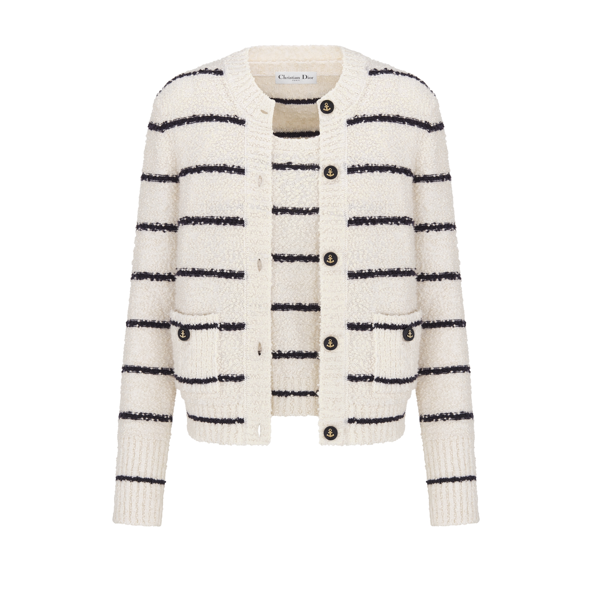 Dior Marinière Twinset White and Navy Blue Cotton-Wool-Blend Bouclé Knit E01