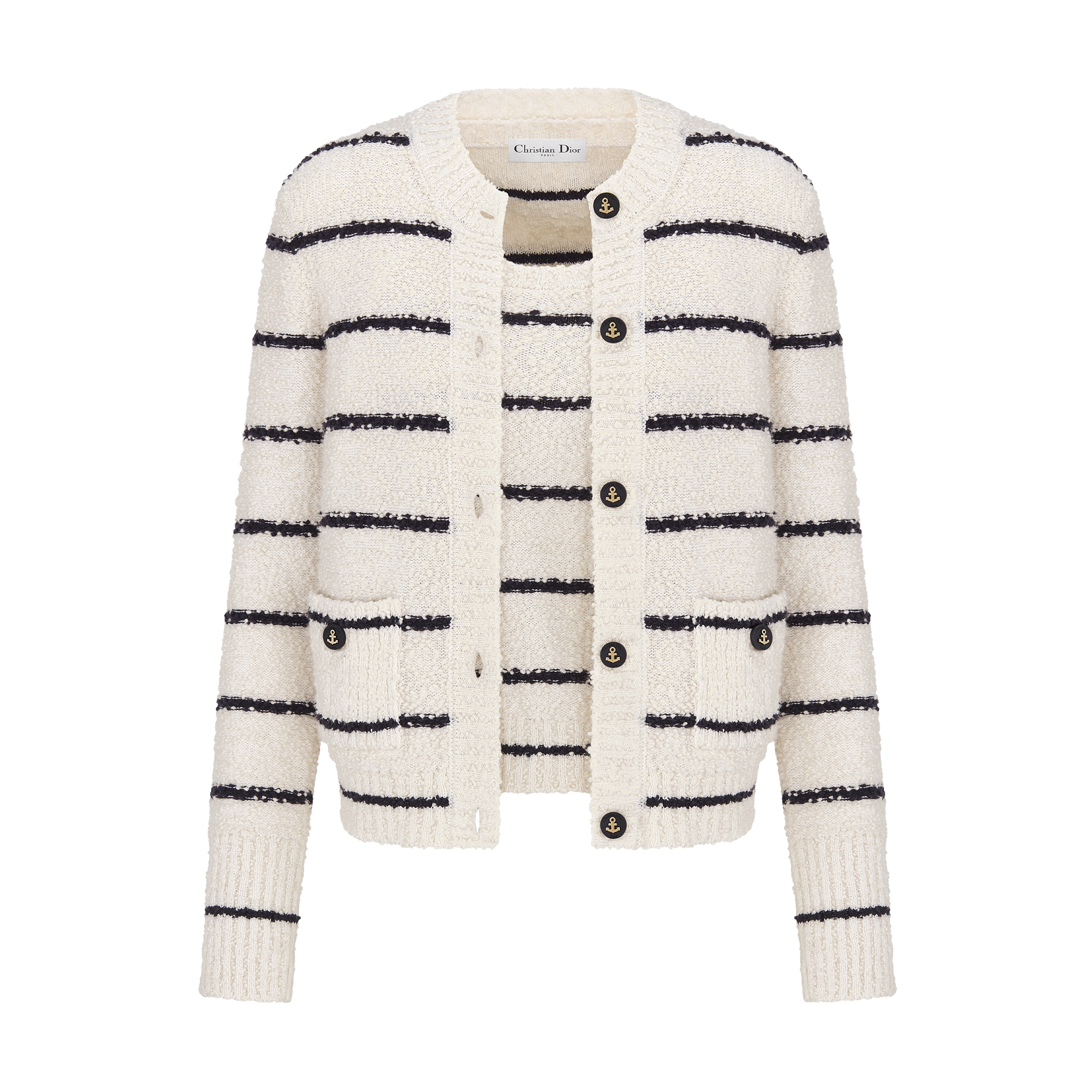 Dior Marinière Twinset White and Navy Blue Cotton-Wool-Blend Bouclé Knit E01