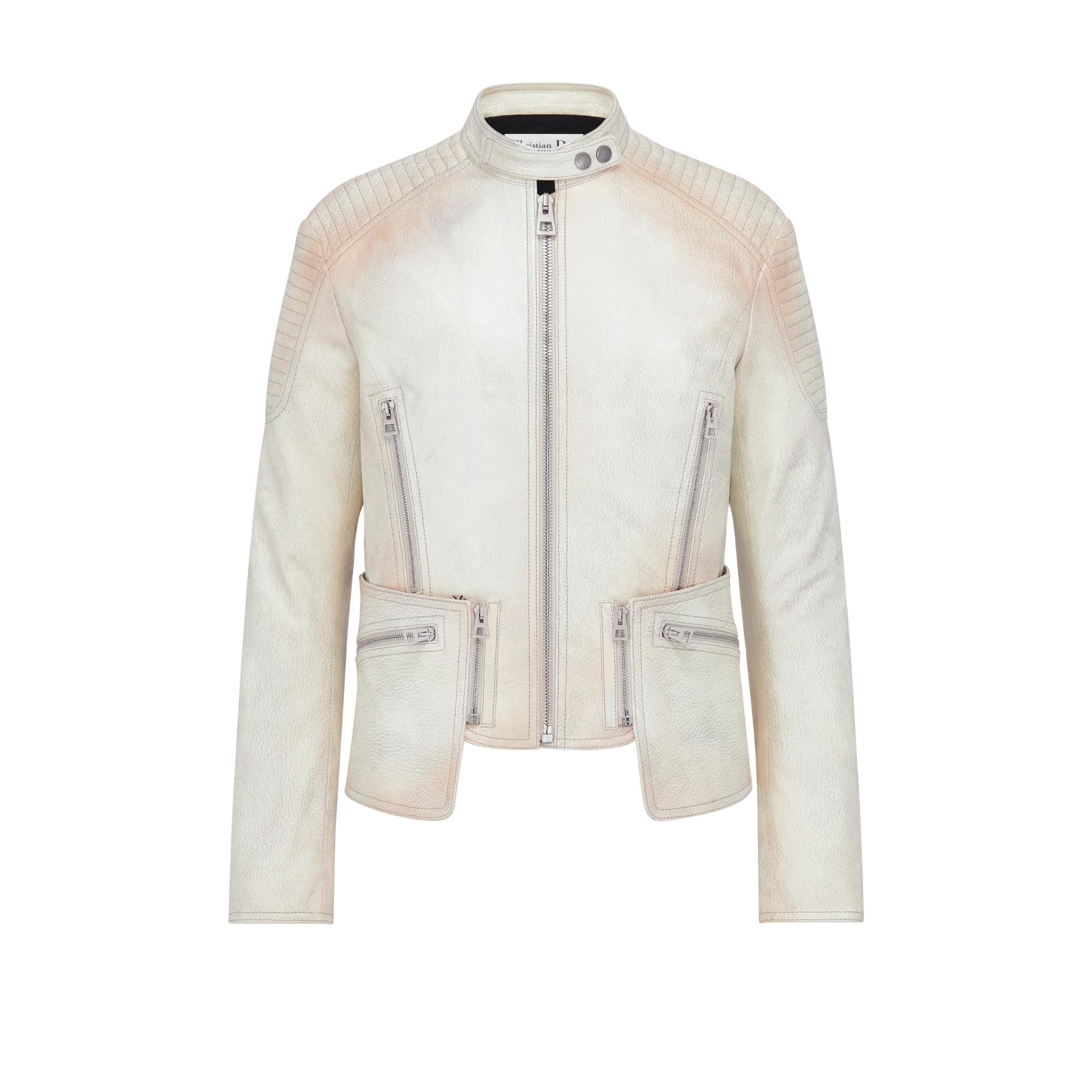 Motorcycle Jacket with Detachable Bottom White Vintage-Effect Goatskin E01