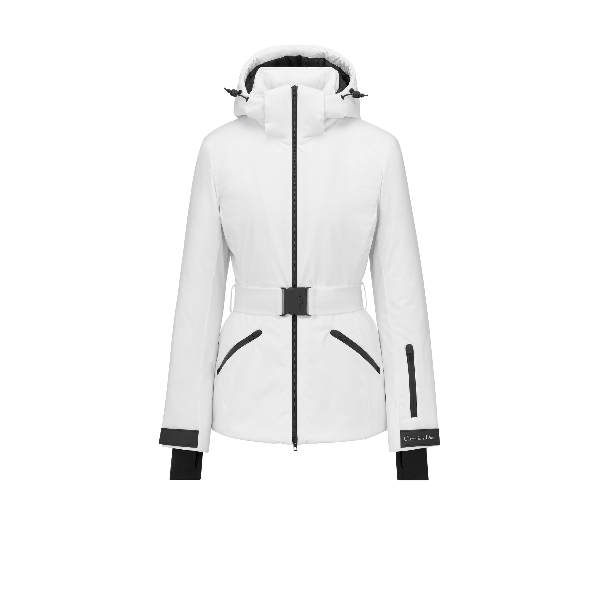 Gewatteerde jas met riem en capuchon uit de DiorAlps-lijn Witte, gewatteerde technische taf E01