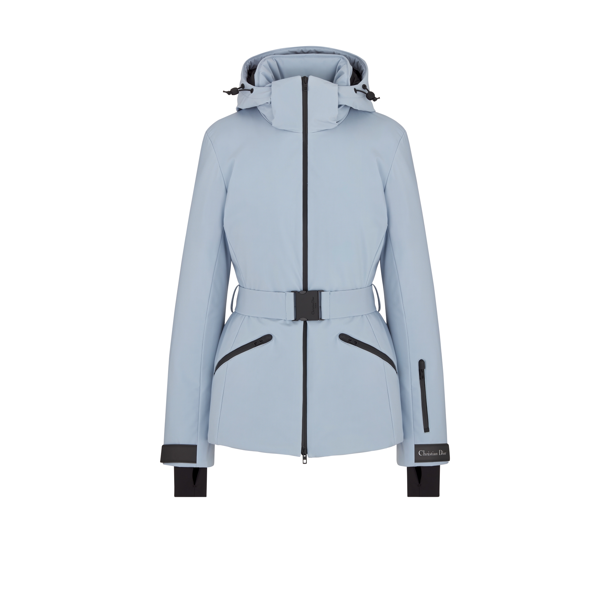 Gewatteerde jas met riem en capuchon uit de DiorAlps-lijn Lichtblauwe, gewatteerde technische taf E01
