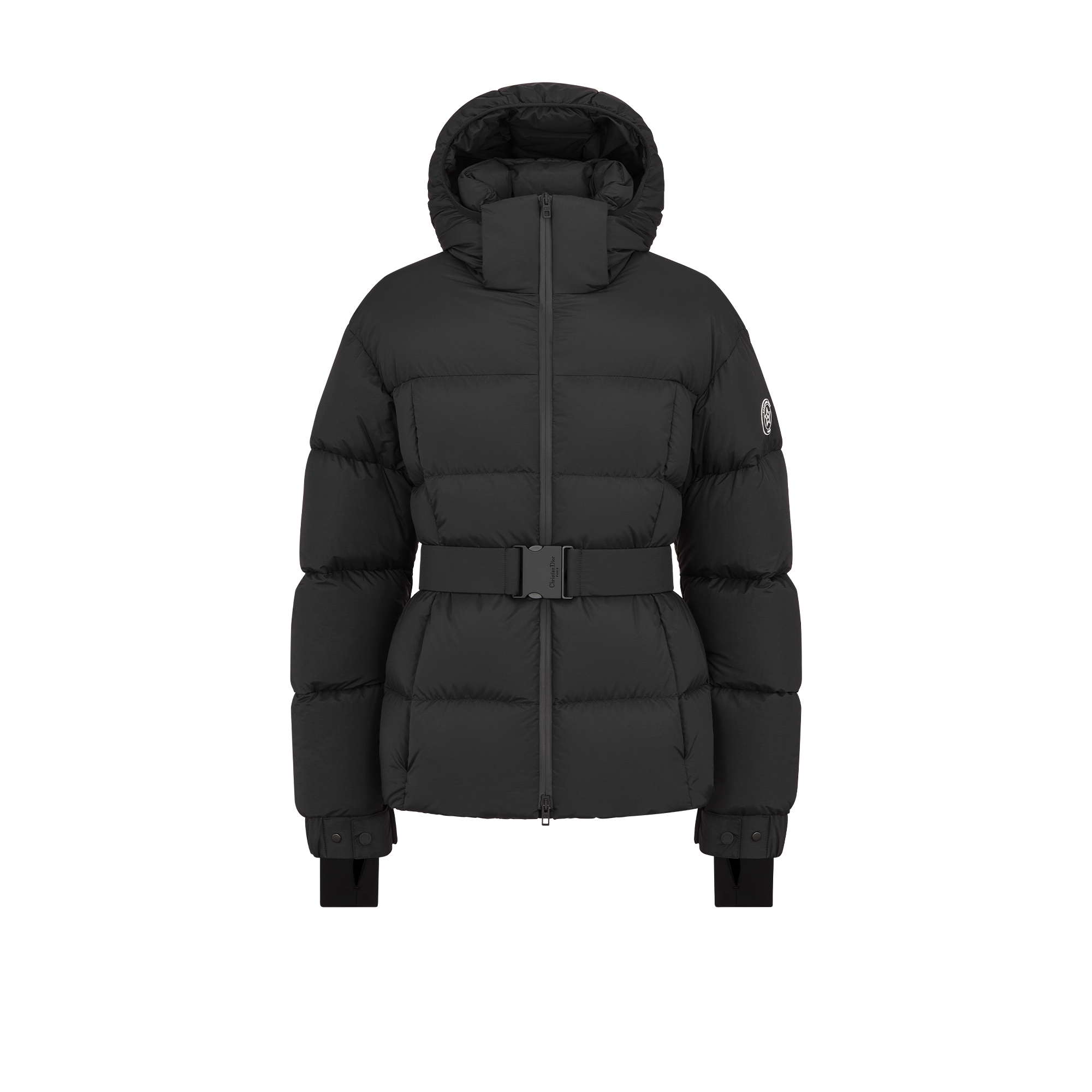 Gewatteerde jas met riem en capuchon uit de DiorAlps-lijn Zwarte, doorgestikte technische taf E01