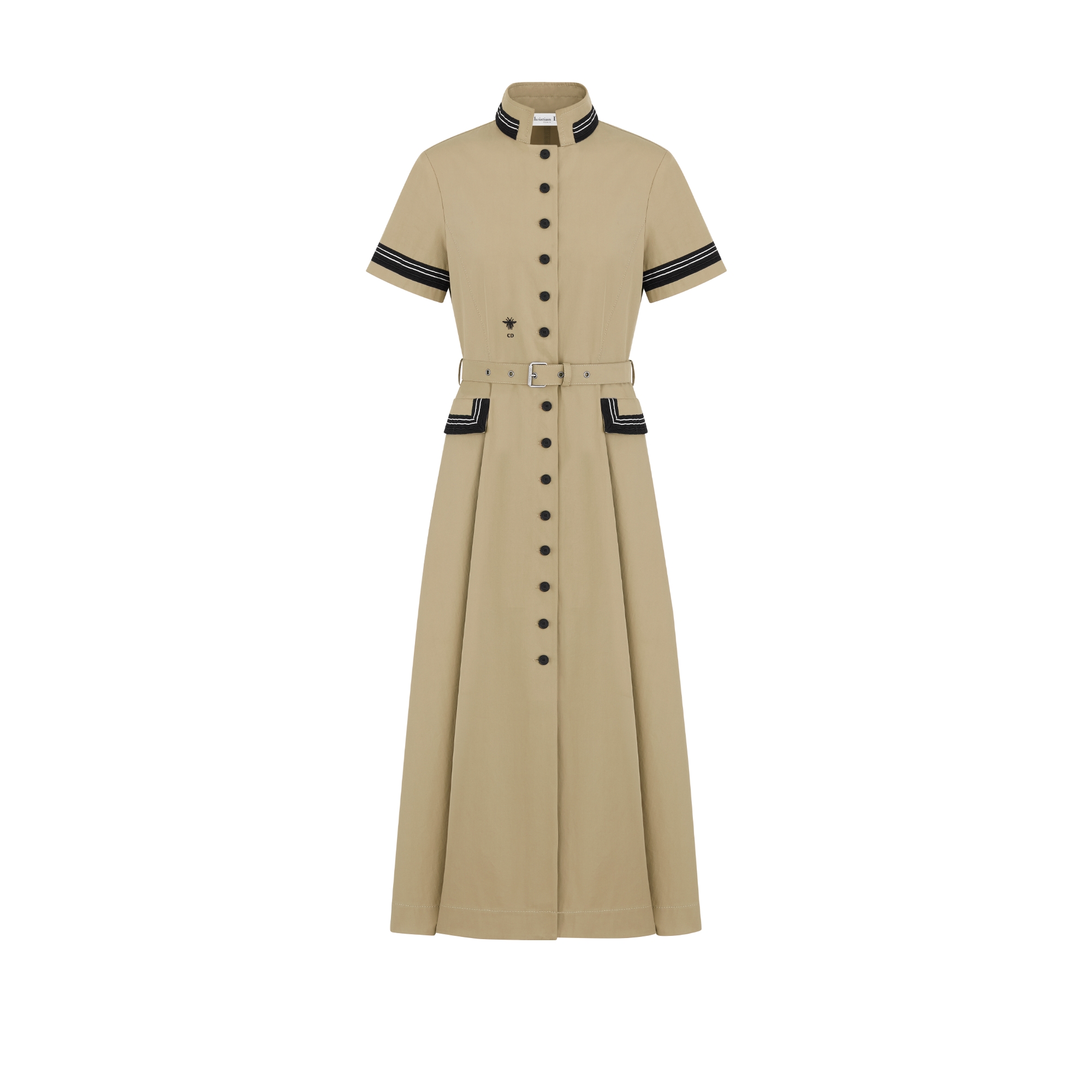Mid-Length Flared Shirtdress Beige Cotton Gabardine E01