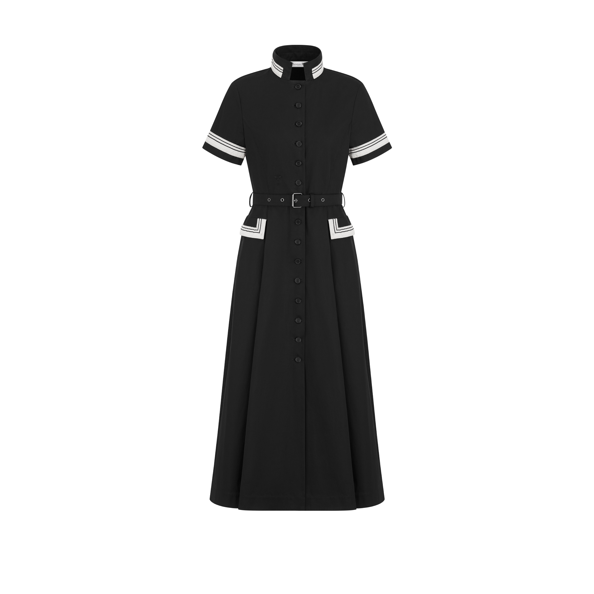 Mid-Length Flared Shirtdress Black Cotton Gabardine E01