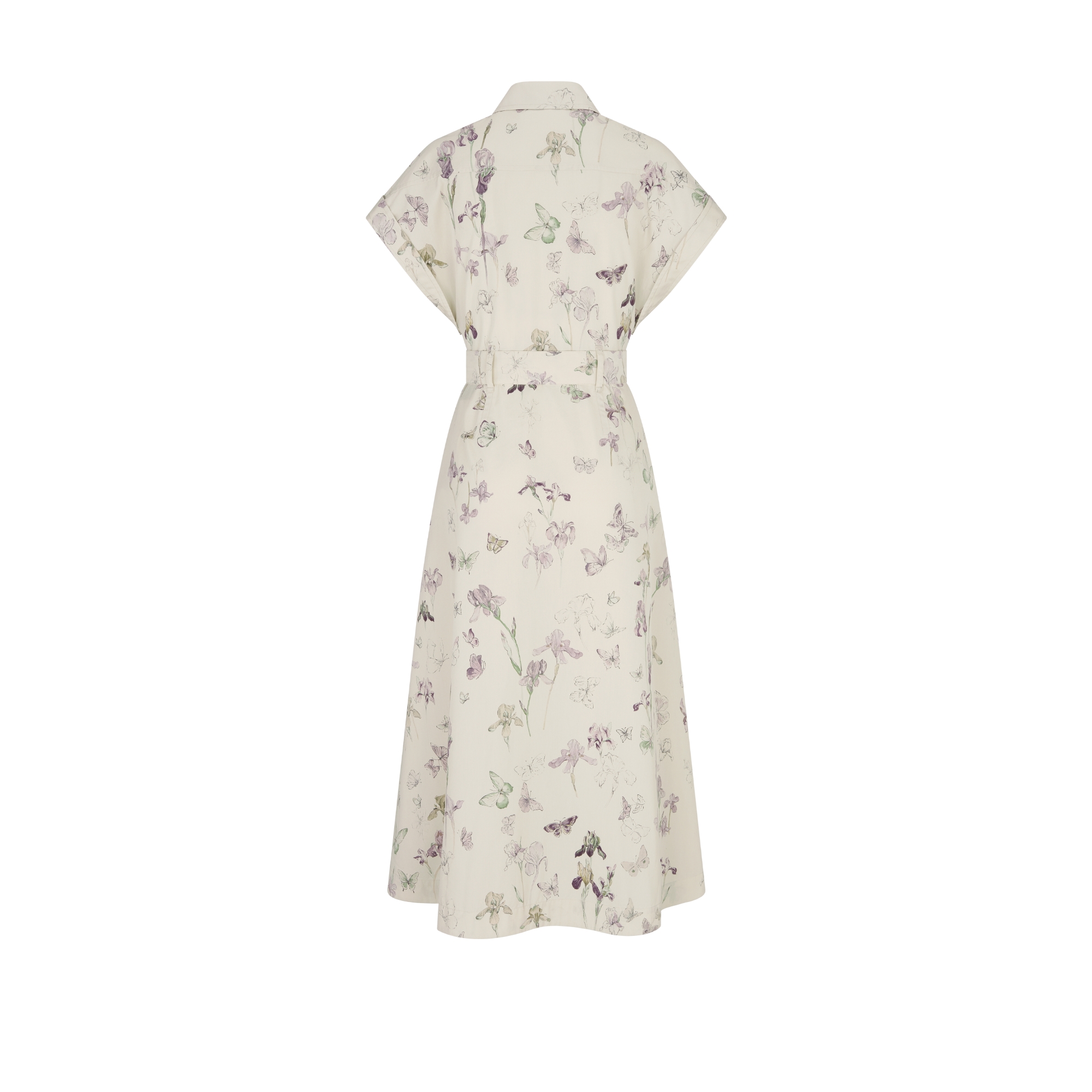 Robe-chemise mi-longue ceinturée Popeline de coton et soie beiges à motif Butterflies & Iris multicolore E08