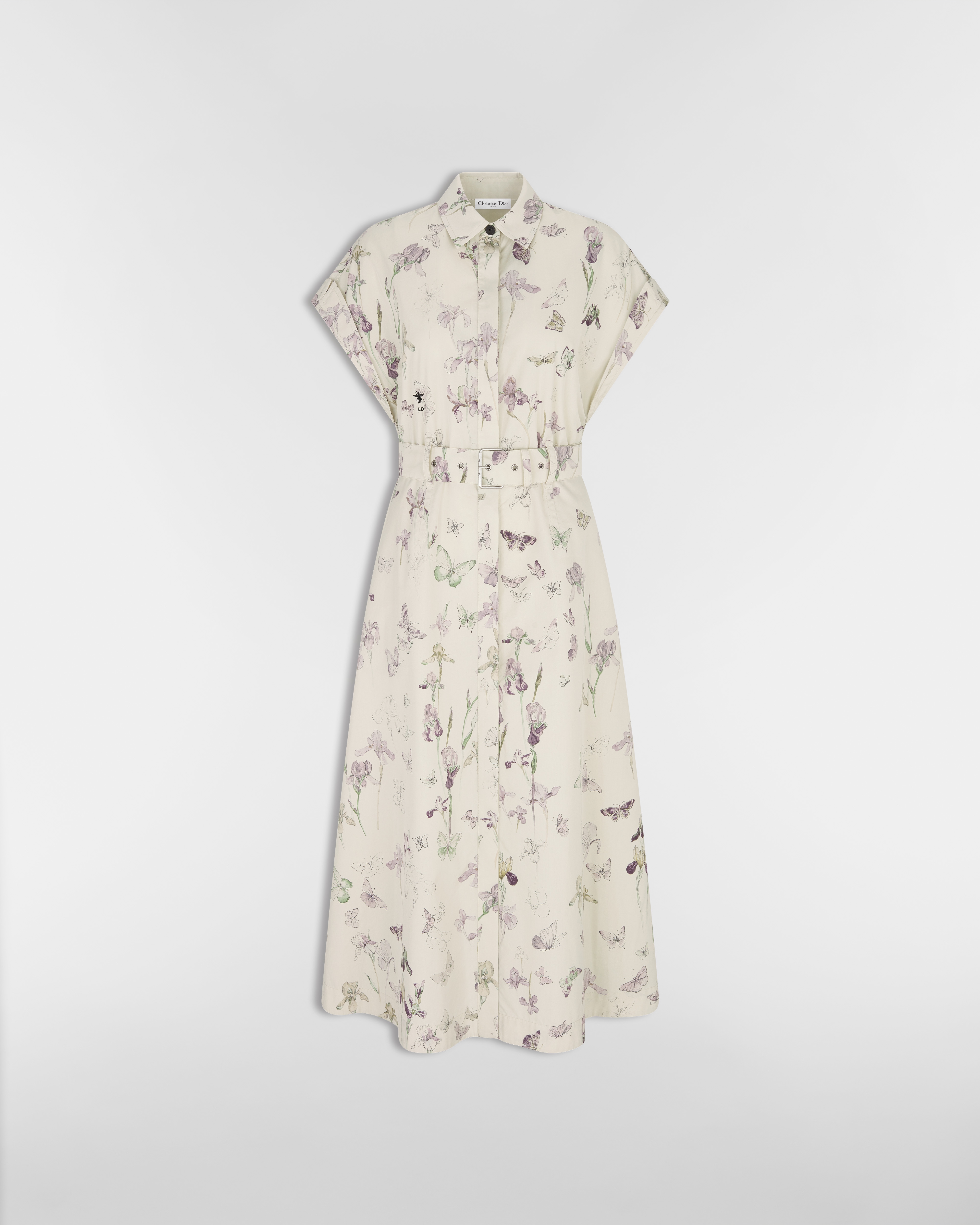 Robe-chemise mi-longue ceinturée Popeline de coton et soie beiges à motif Butterflies & Iris multicolore E01