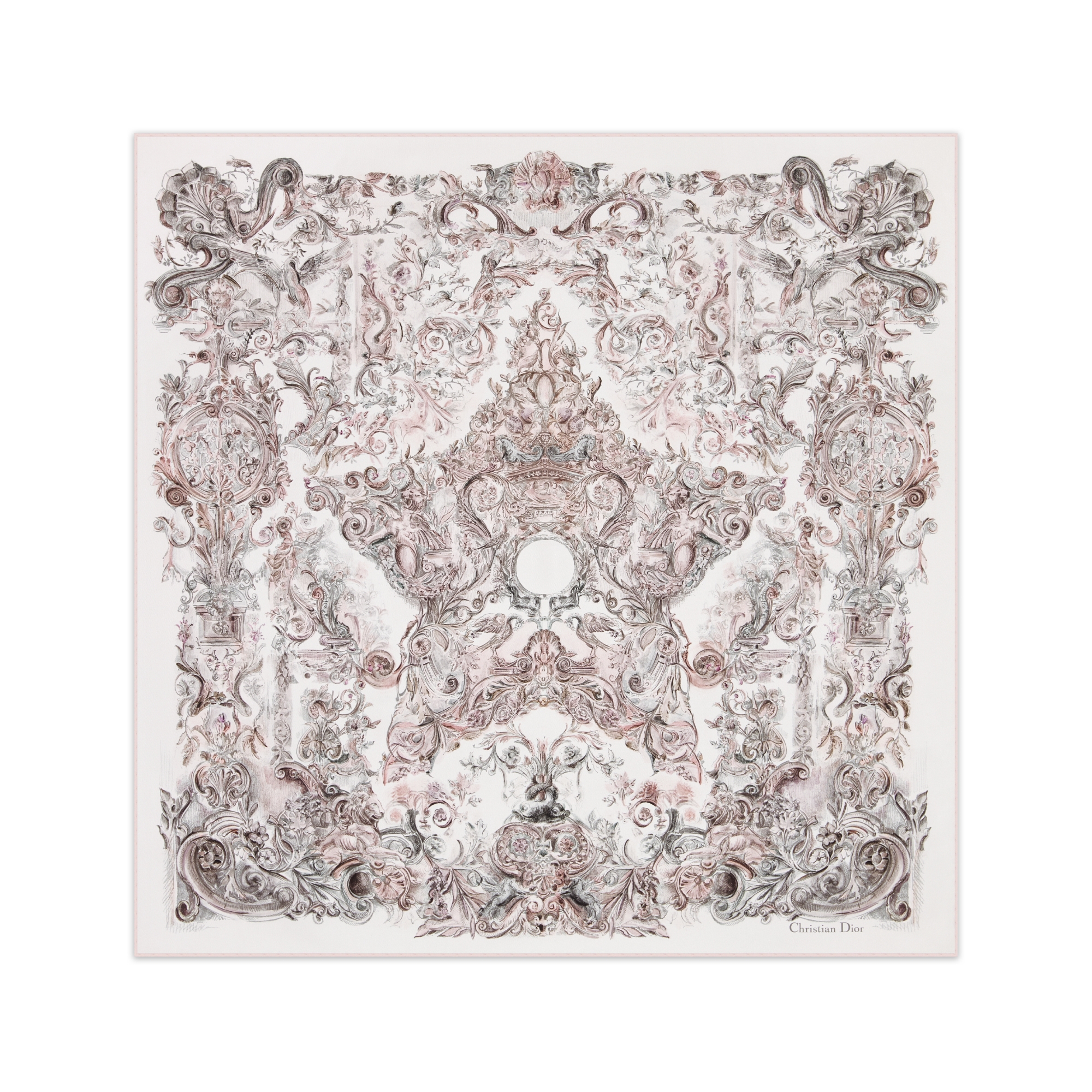 Dior Stella Baroque 90 Square Scarf Pale Pink and Gray Silk Twill E01