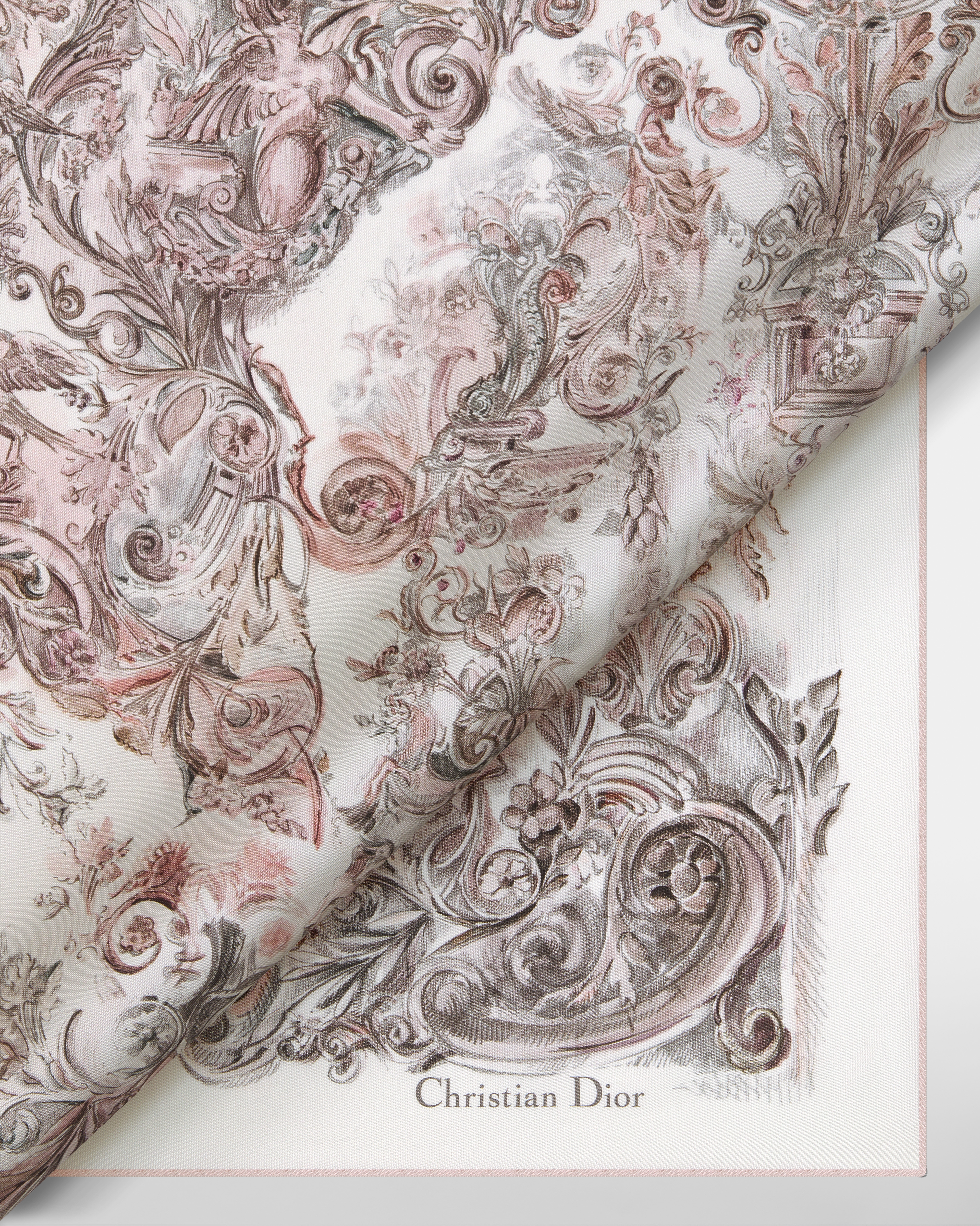 Foulard quadrato 90 Dior Stella Baroque Twill di seta rosa pallido e grigio E09