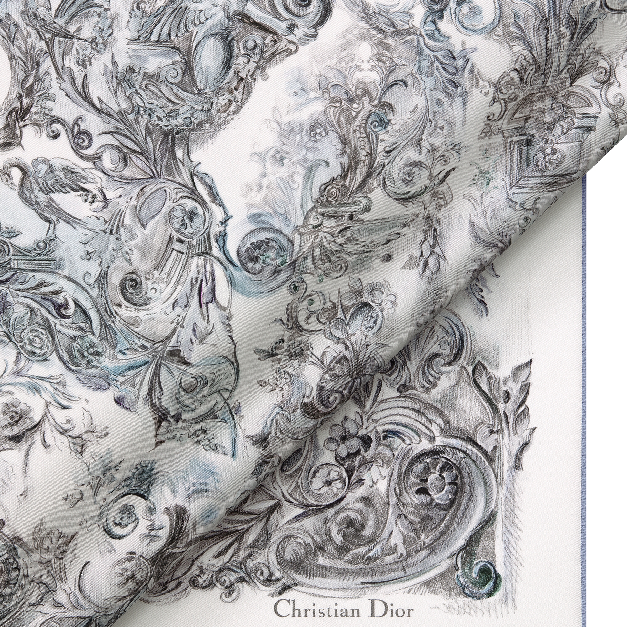 Dior Stella Baroque 90 Square Scarf White and Blue Silk Twill E09