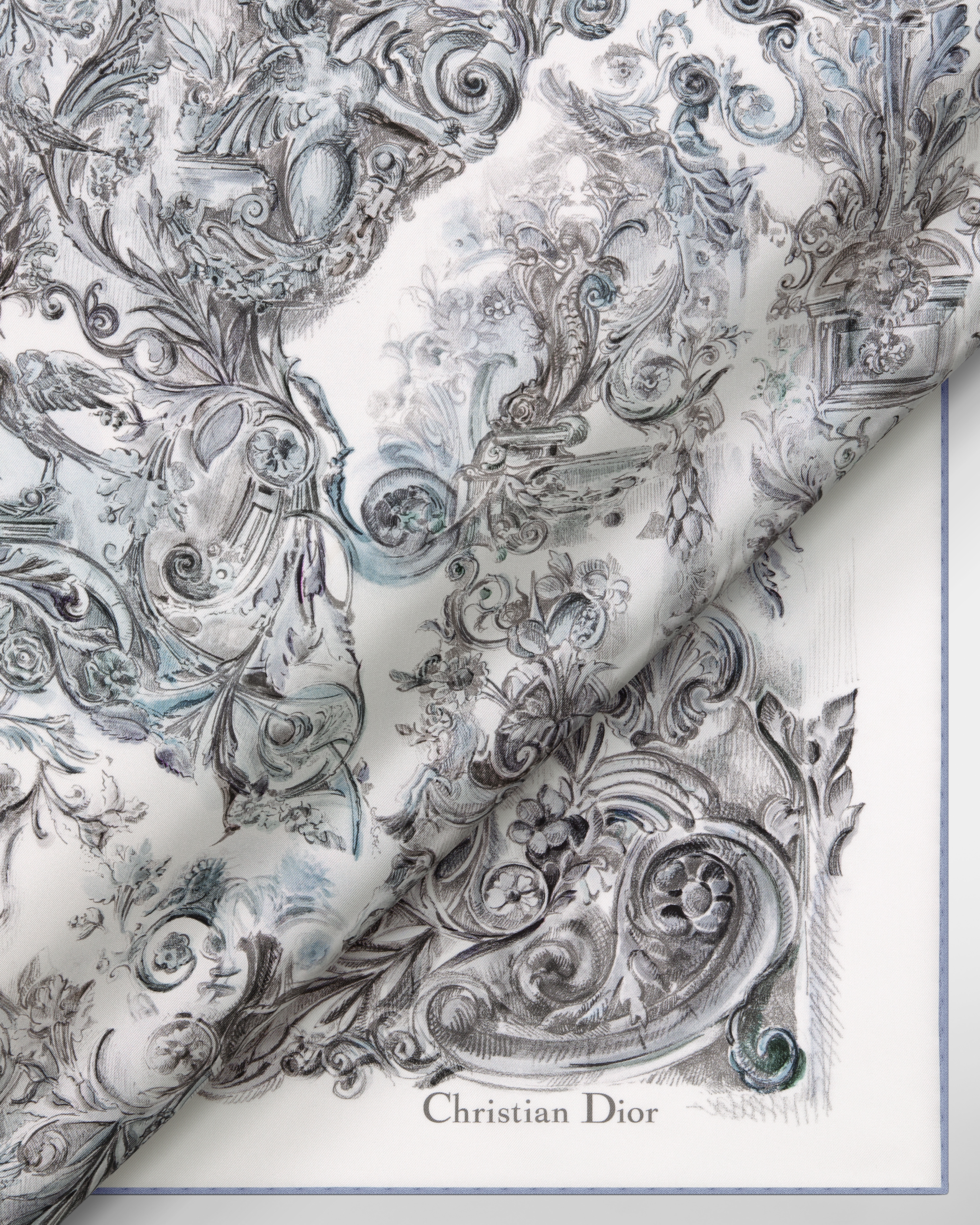 Carré 90 Dior Stella Baroque Twill de soie blanche et bleue E09