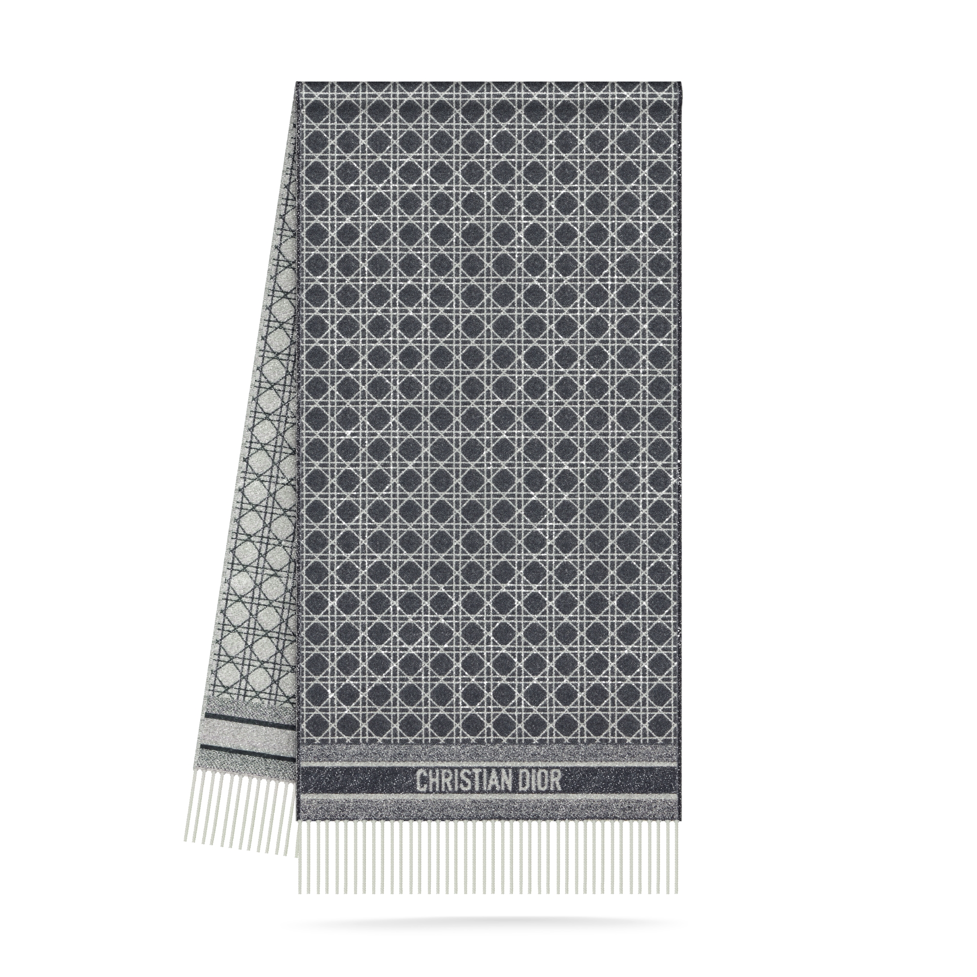 Dior Cannage Schal Kaschmirmischung in Marineblau mit Metallfaden in Silberfarbe E03