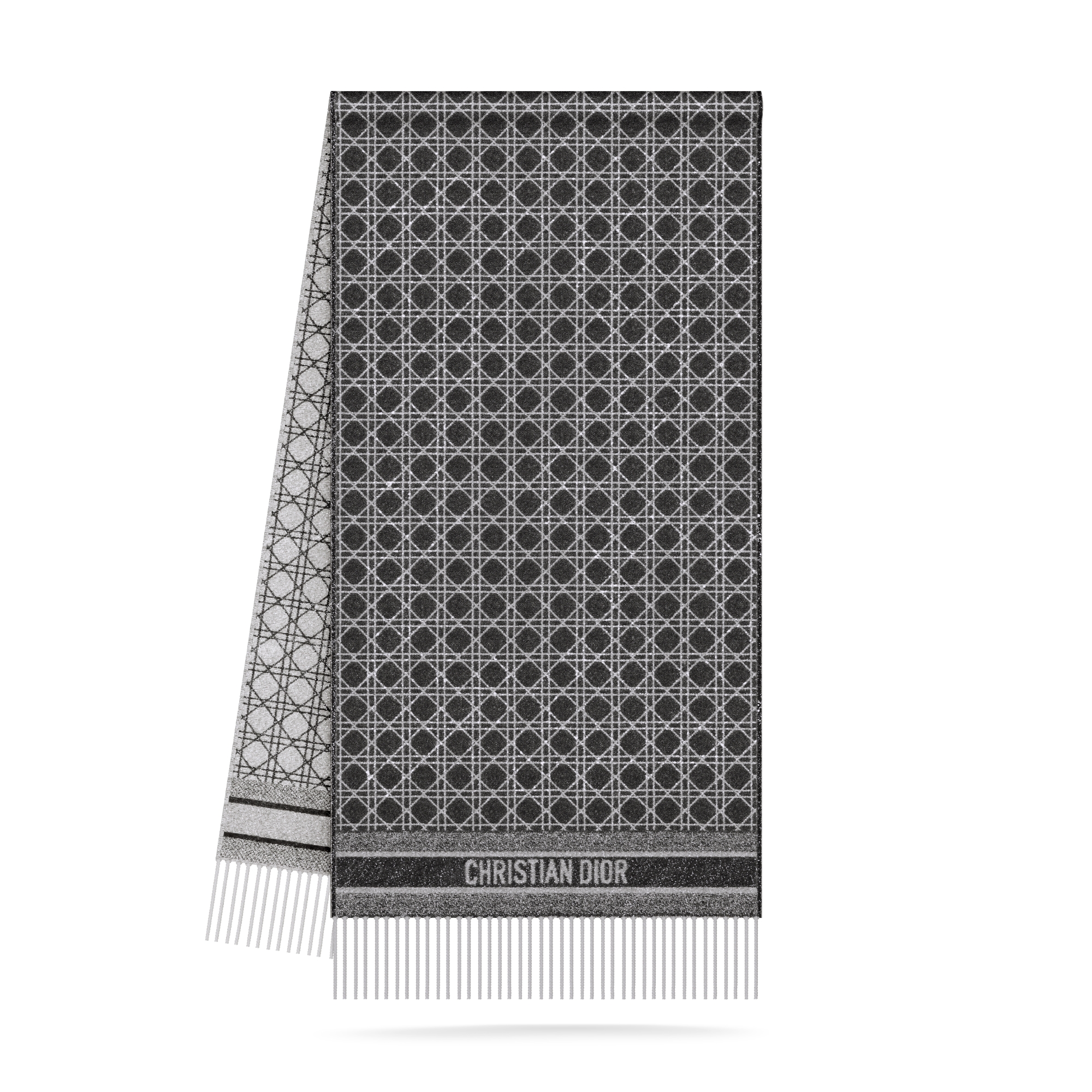 Dior 까나쥬 스카프 블랙 캐시미어 블렌드 & 실버 메탈 스레드 E03