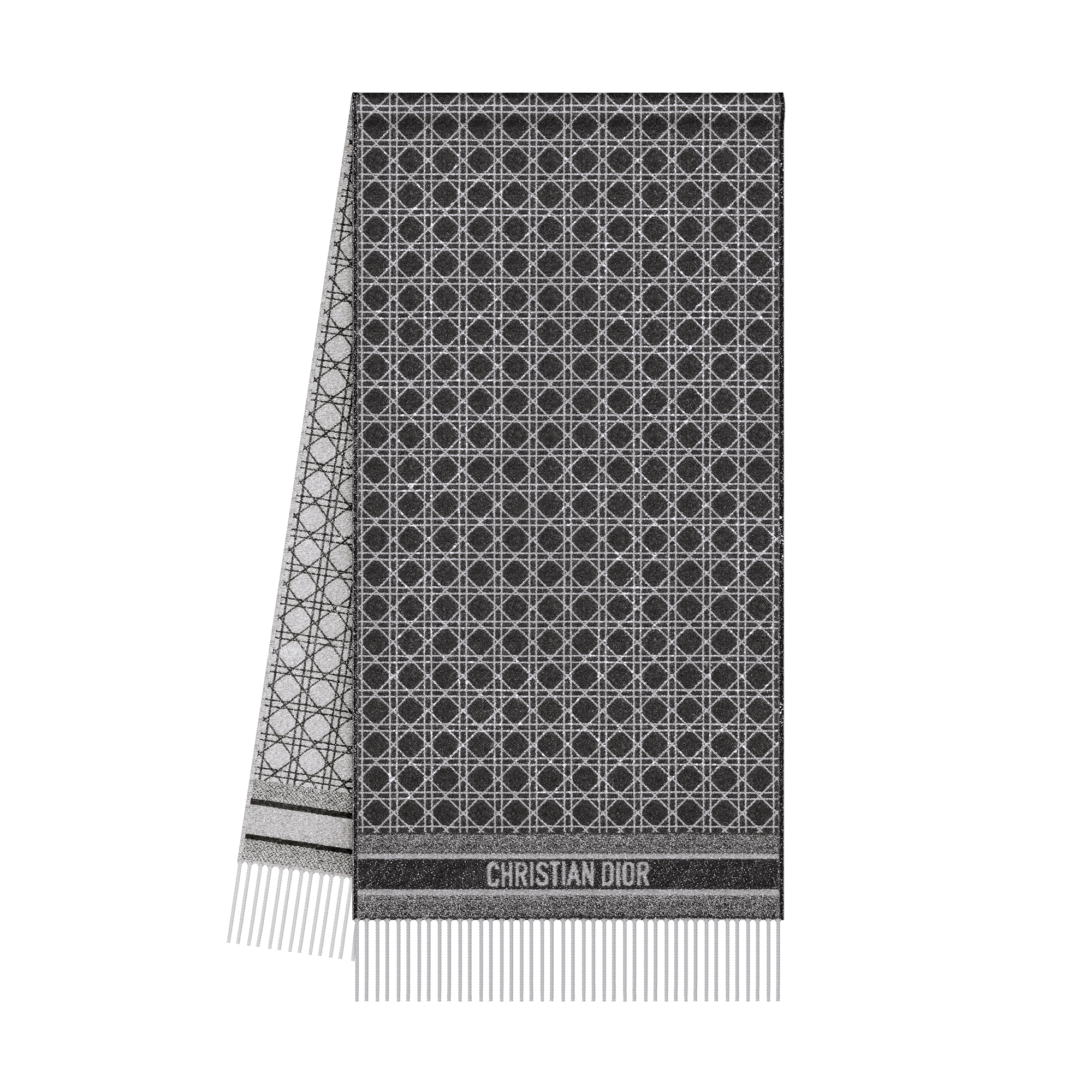 Dior Cannage Scarf Black Cashmere Blend and Silver-Tone Metallic Thread E03
