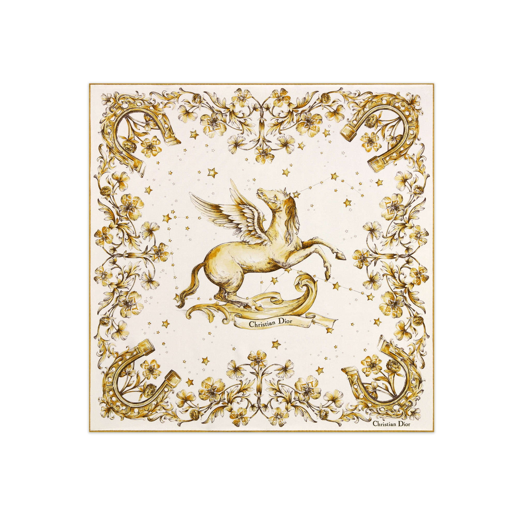 Dior Pegasus 70 Square Scarf Ivory and Gold-Tone Silk Twill E01