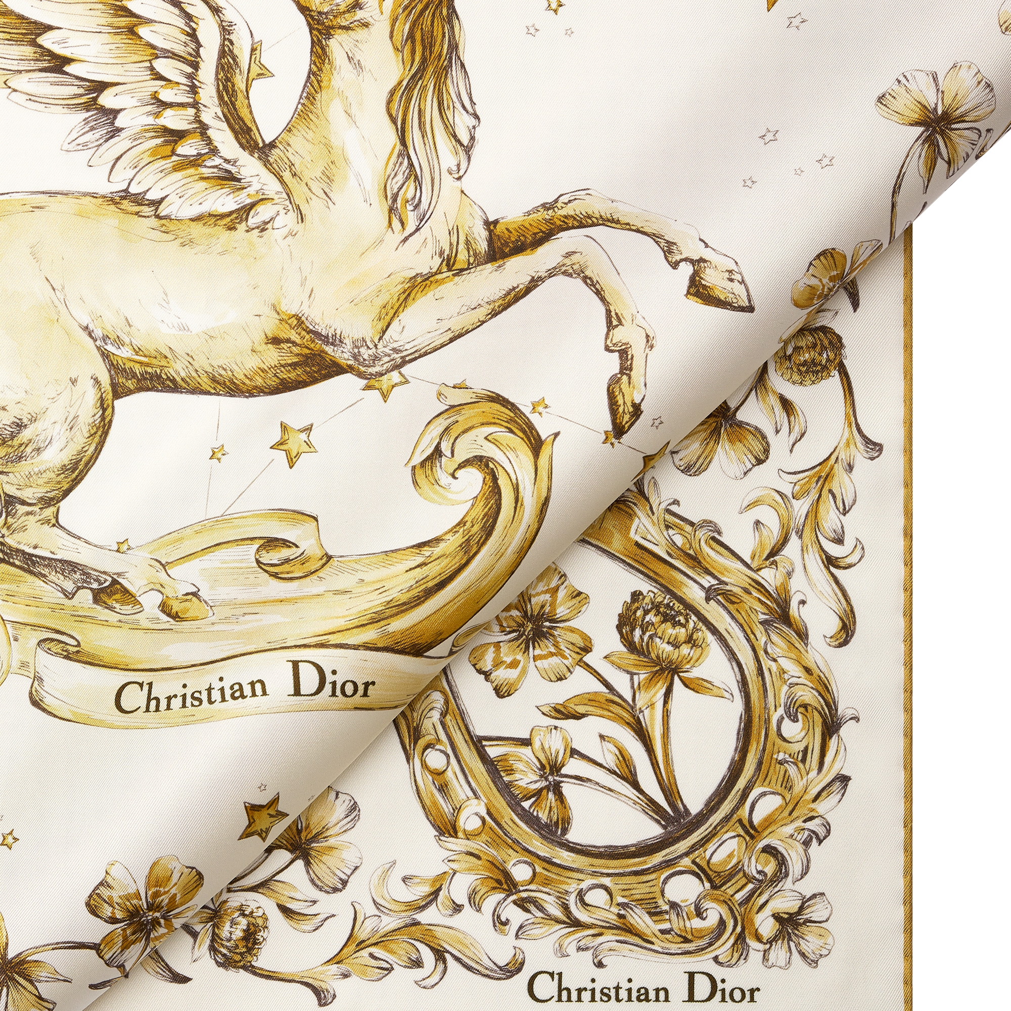 Dior Pegasus 70 Square Scarf Ivory and Gold-Tone Silk Twill E09