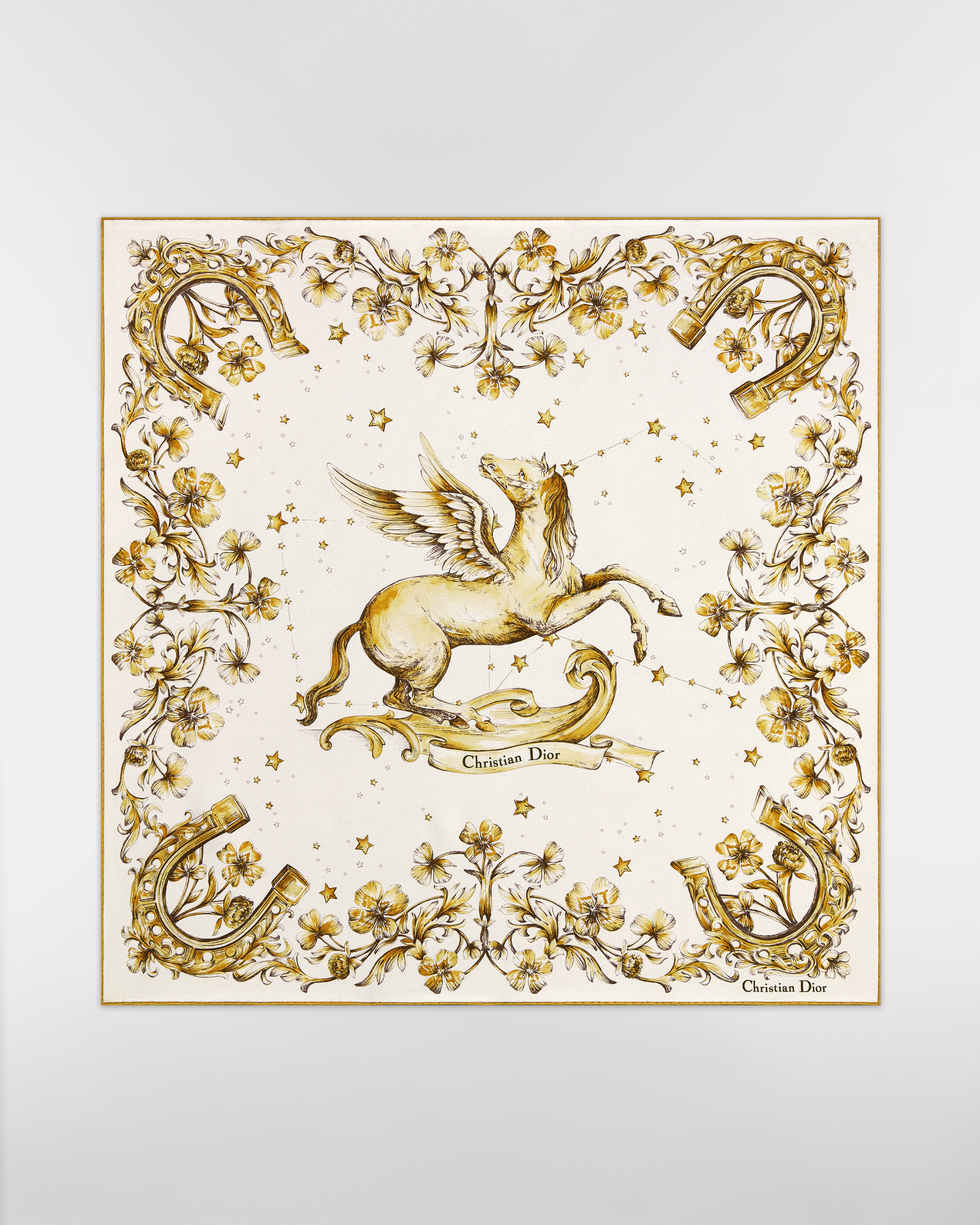 Dior Pegasus 70 Square Scarf Ivory and Gold-Tone Silk Twill E01