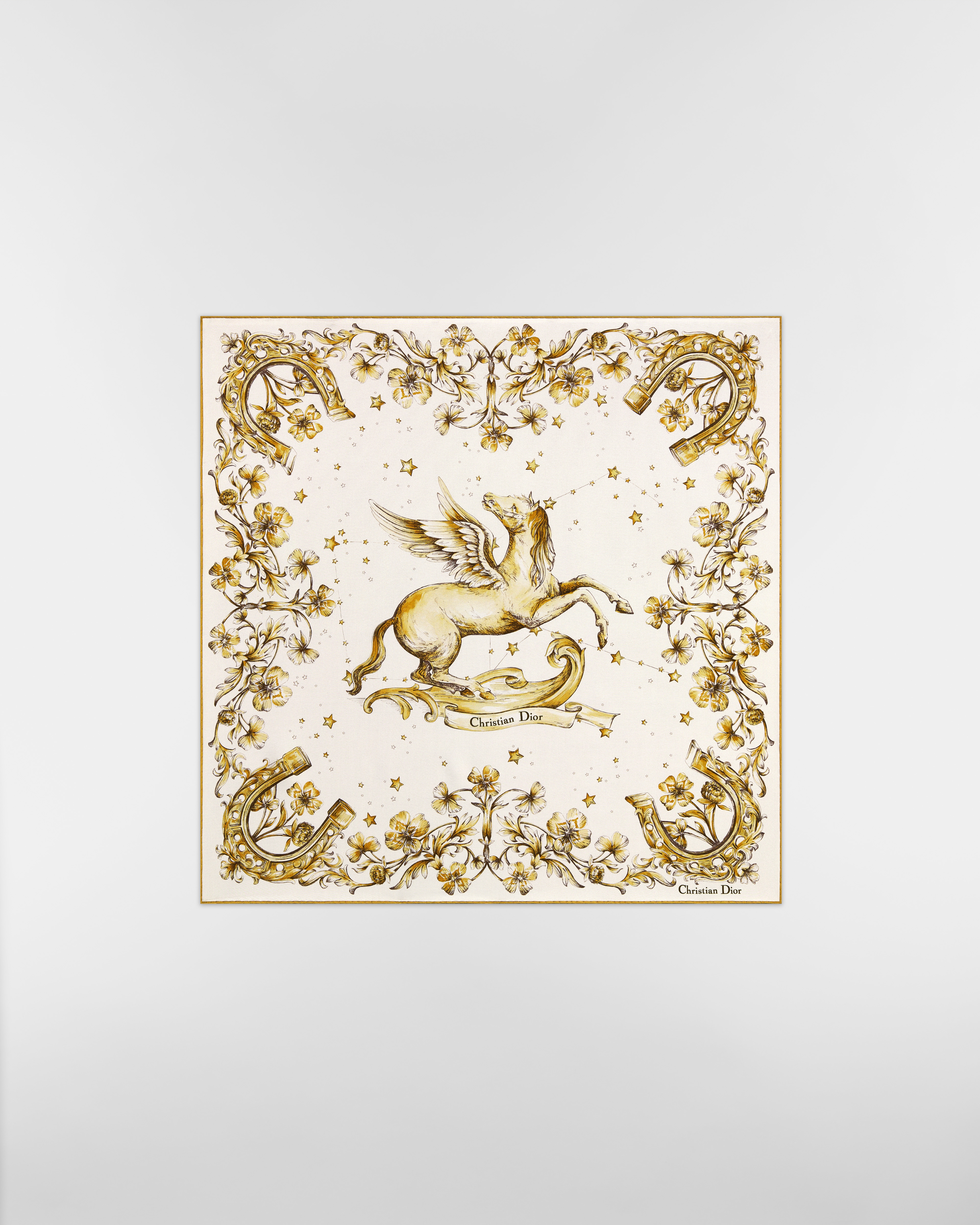 Dior Pegasus 70 스퀘어 스카프 아이보리 & 골드 톤 실크 트윌 E01