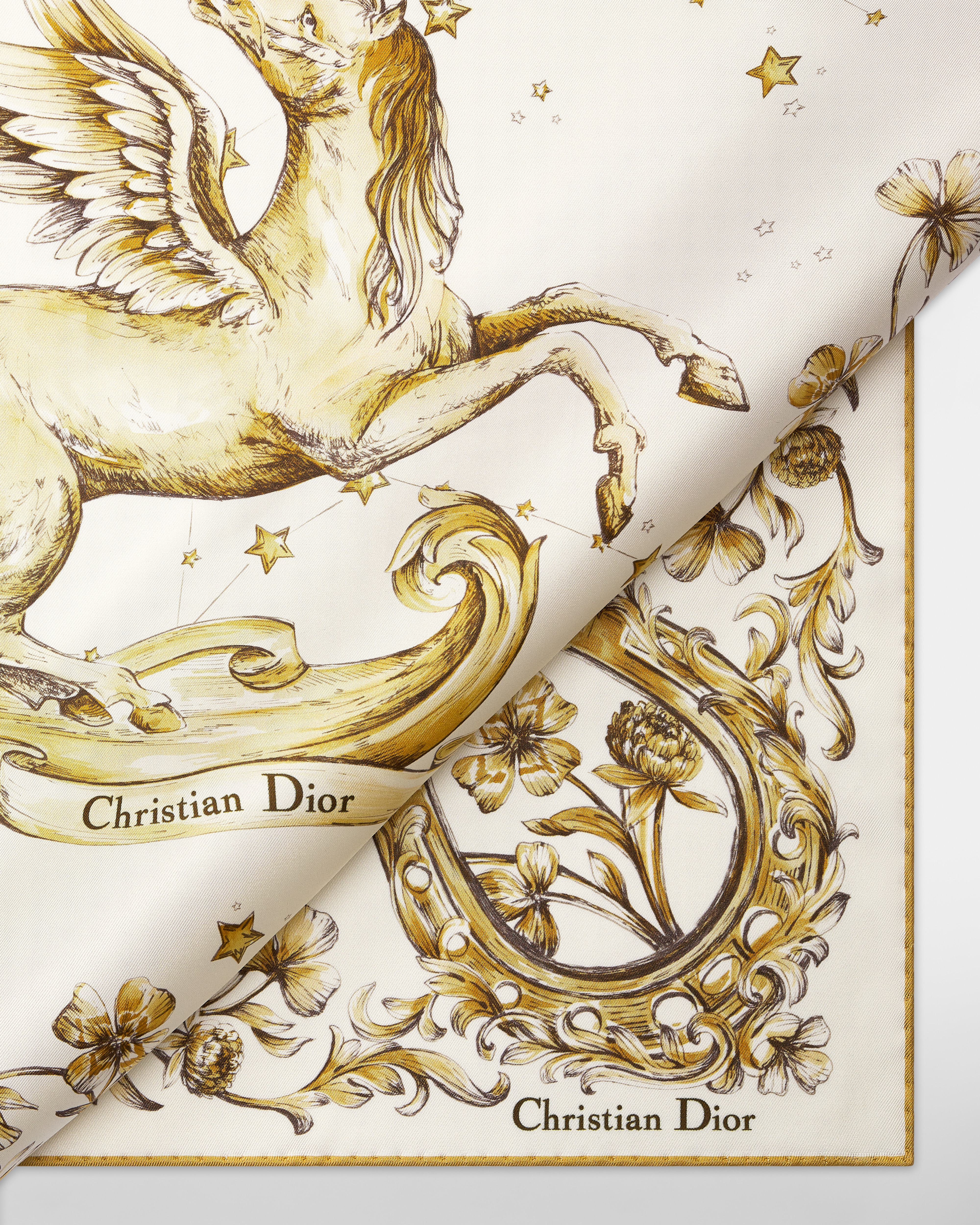 Dior Pegasus 70 Square Scarf Ivory and Gold-Tone Silk Twill E09