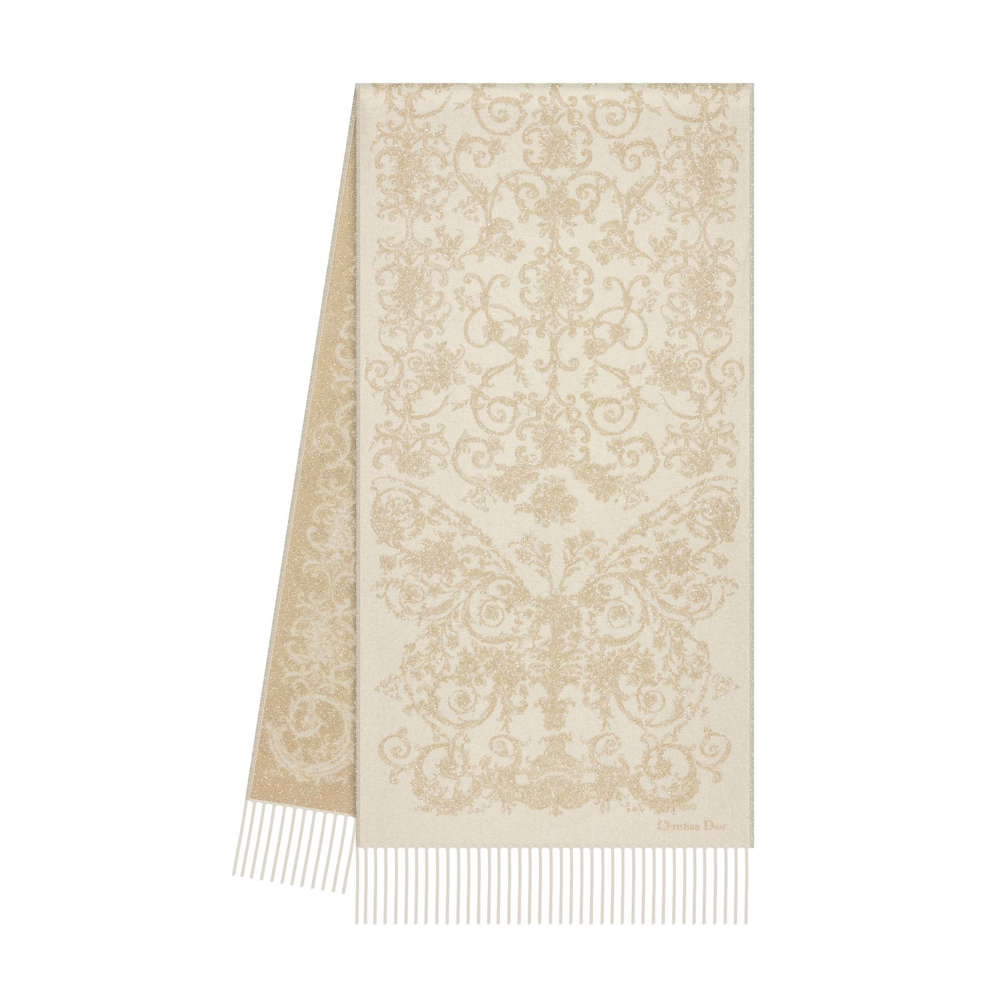 Dioresque Butterfly Scarf Ecru Cashmere and Wool with Gold-Tone Metallic Thread E03