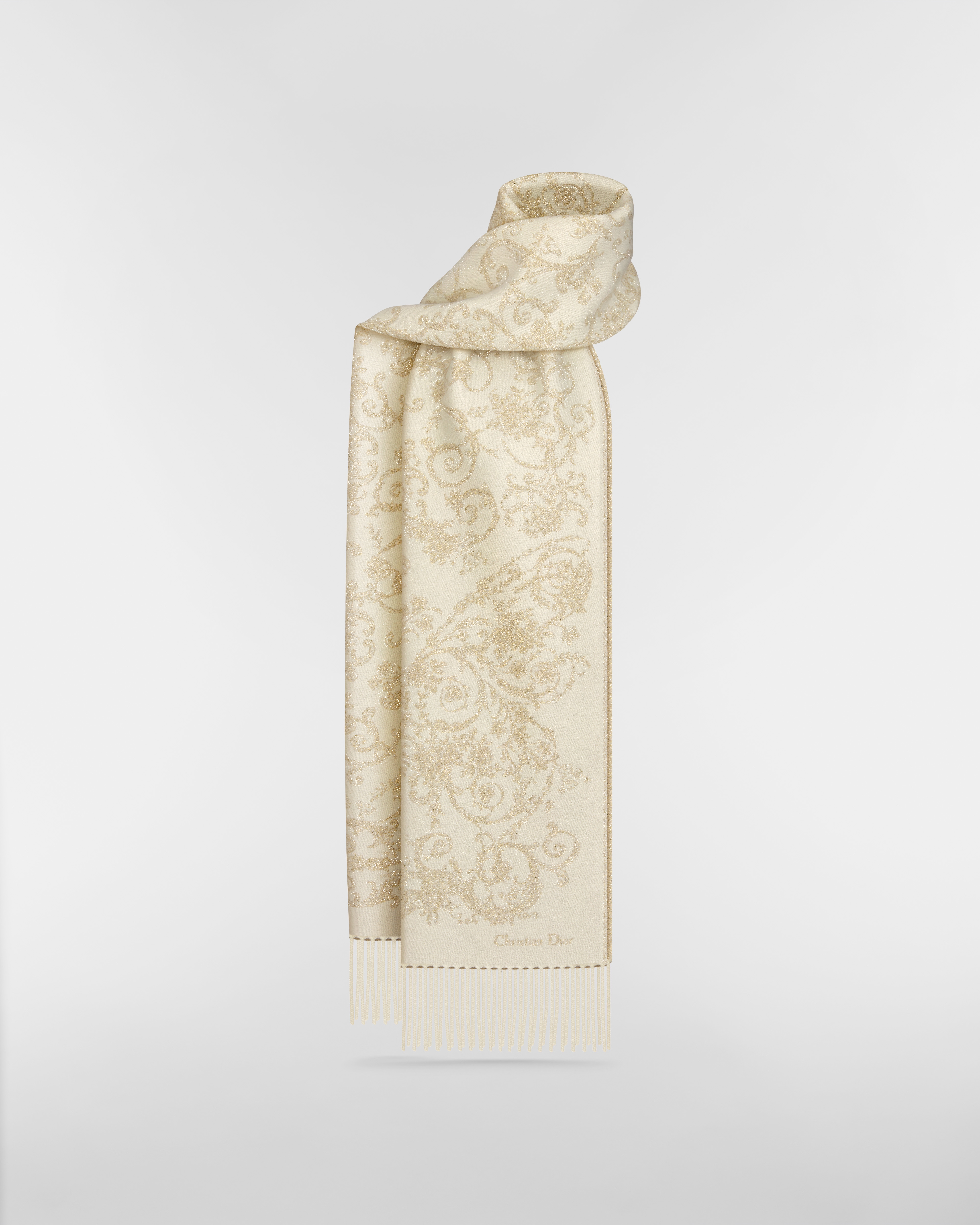 Dior 印花围巾 米白色山羊绒混纺面料金色金属光泽线 Dioresque Butterfly 图案 E01