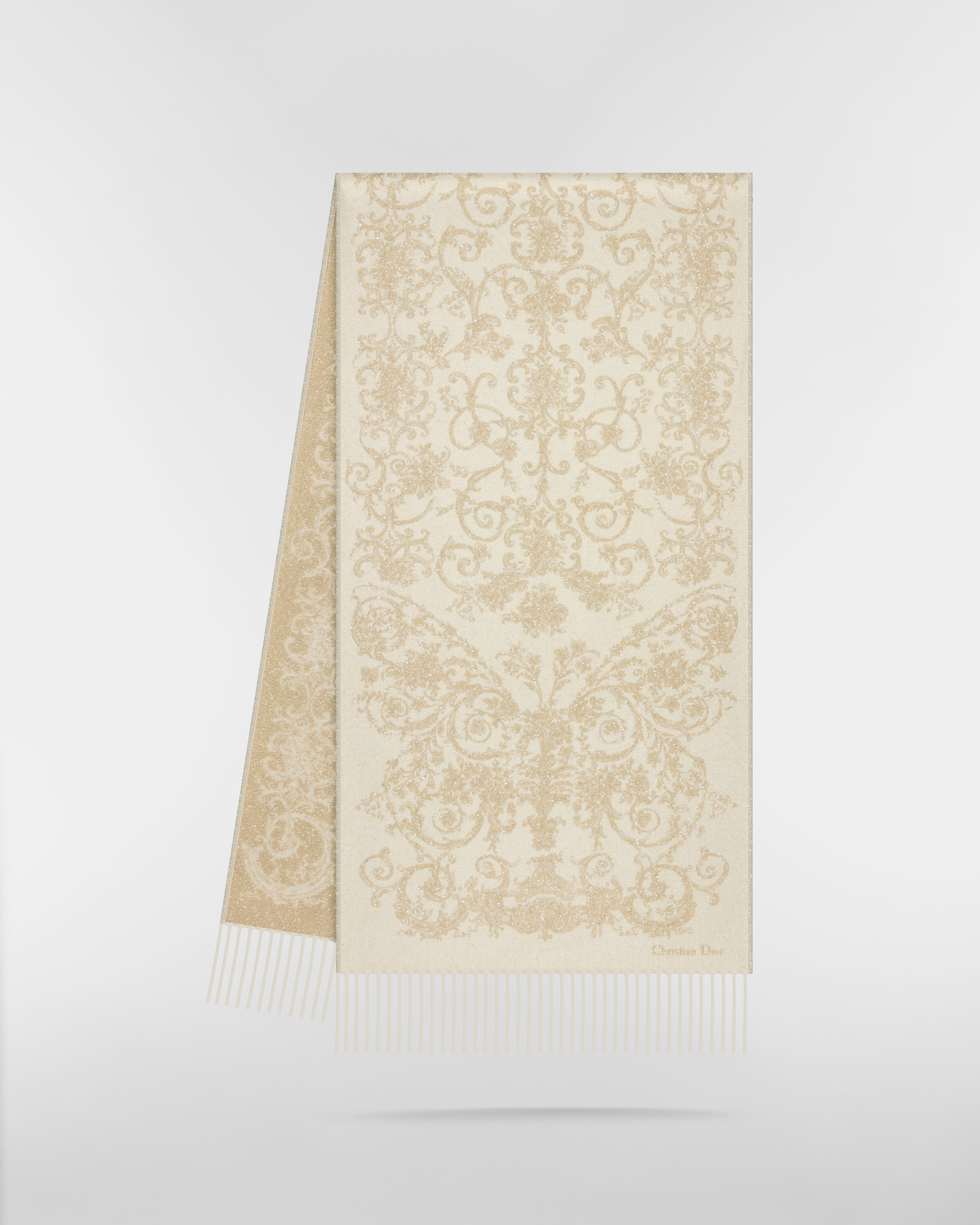 Dior 印花围巾 米白色山羊绒混纺面料金色金属光泽线 Dioresque Butterfly 图案 E03