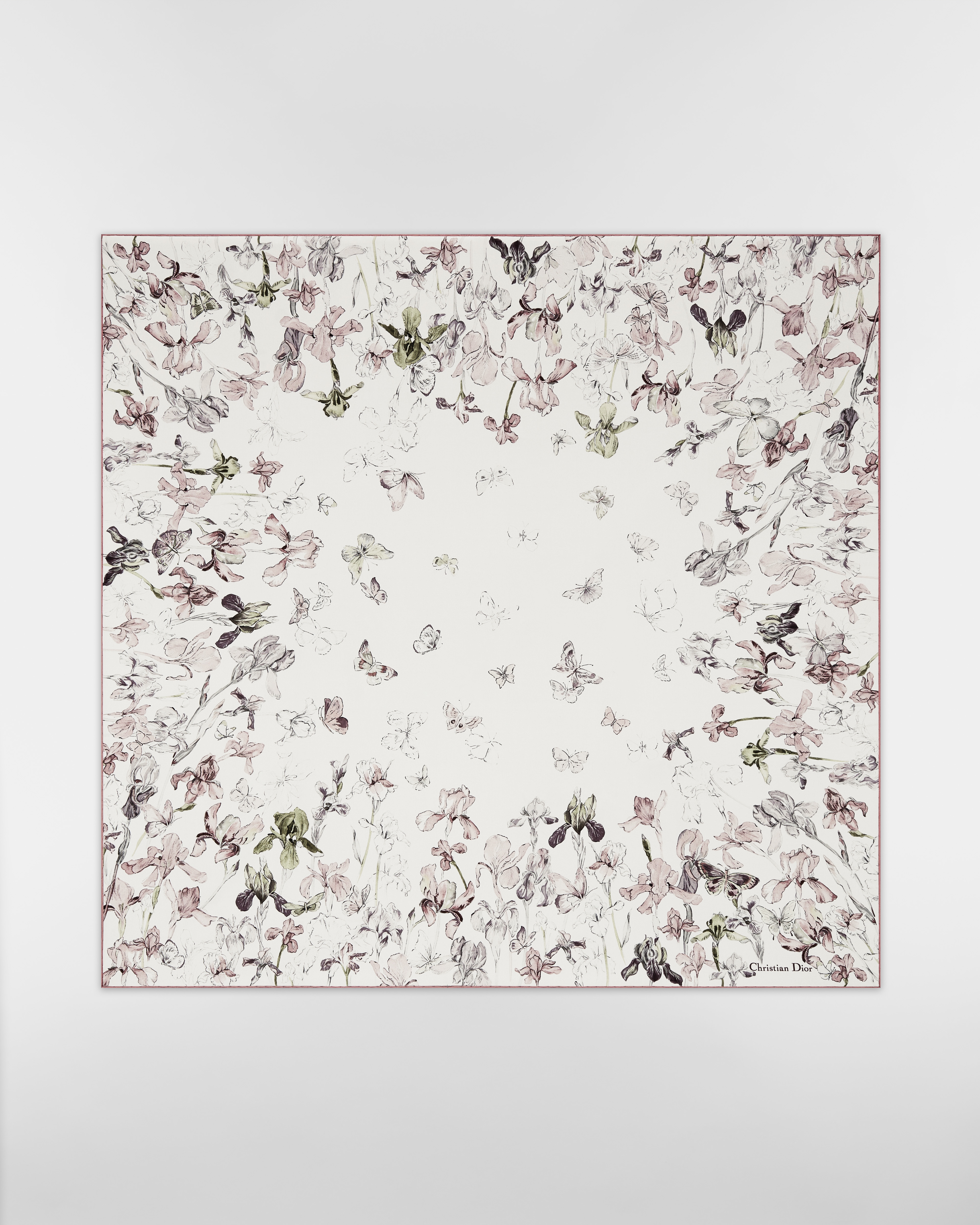 Butterflies & Iris 90 Square Scarf Powder Pink Multicolor Silk Twill E01