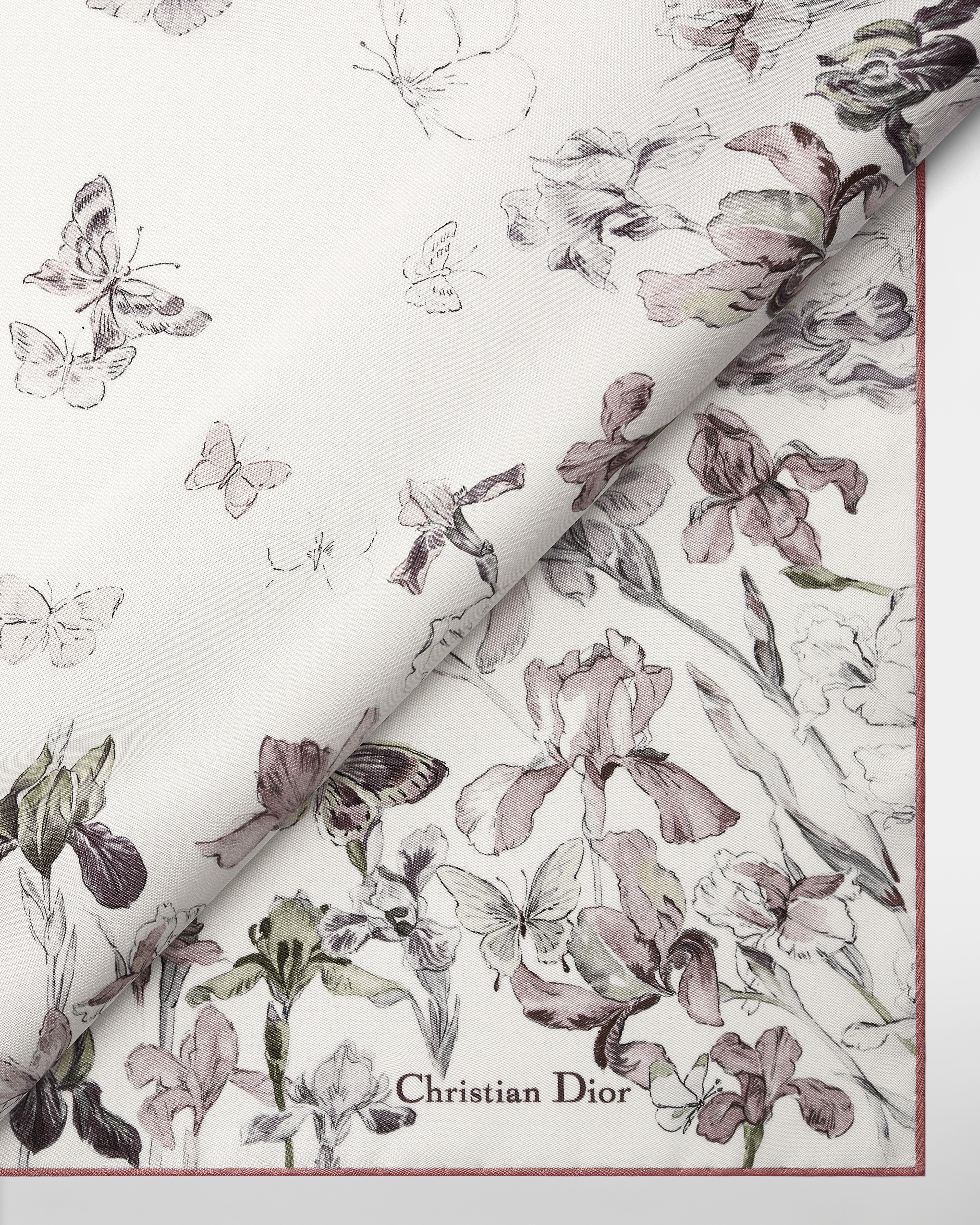 Carré 90 Butterflies & Iris Twill de soie rose poudre multicolore E09