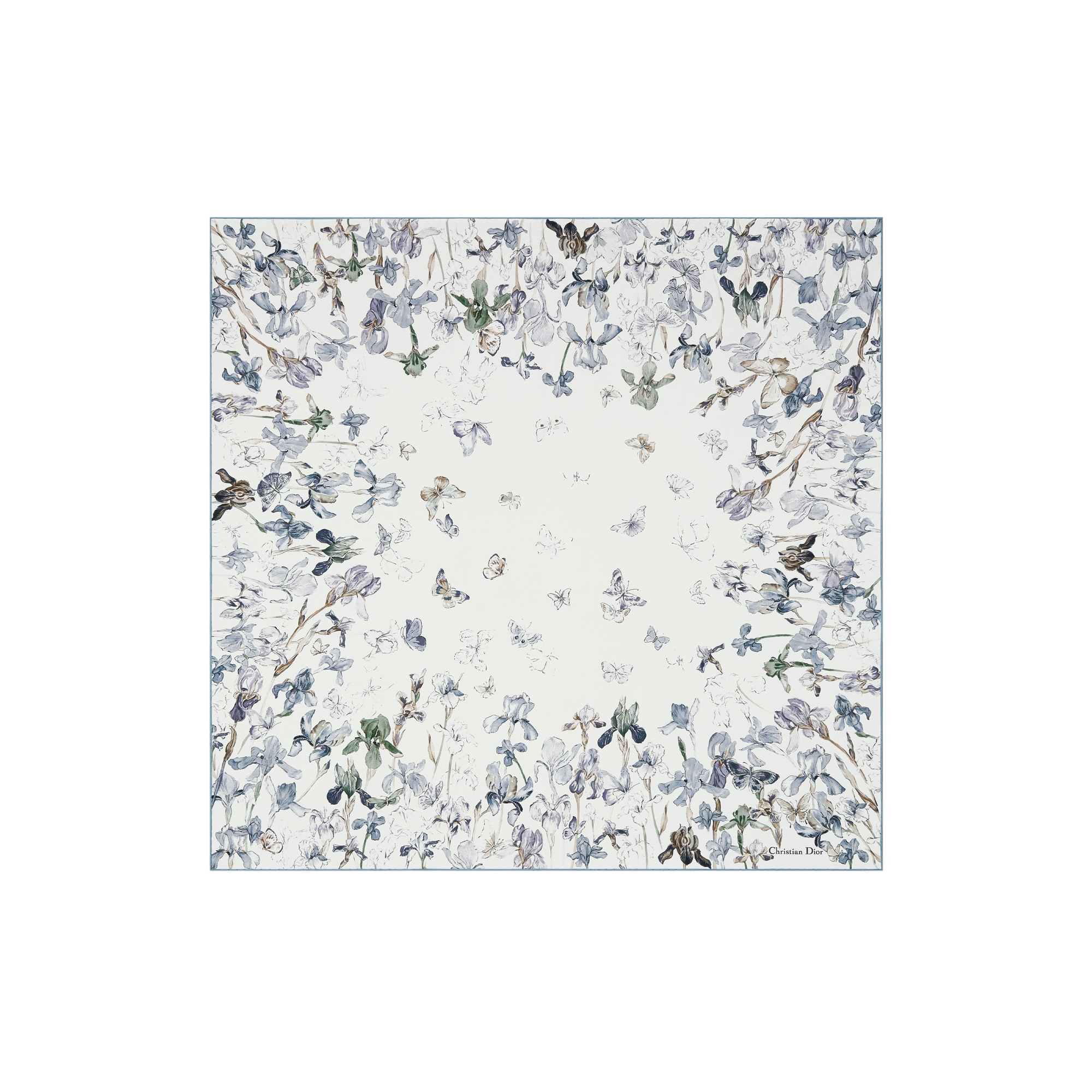 Butterflies & Iris 90 Square Scarf Azure Blue Silk Twill E01