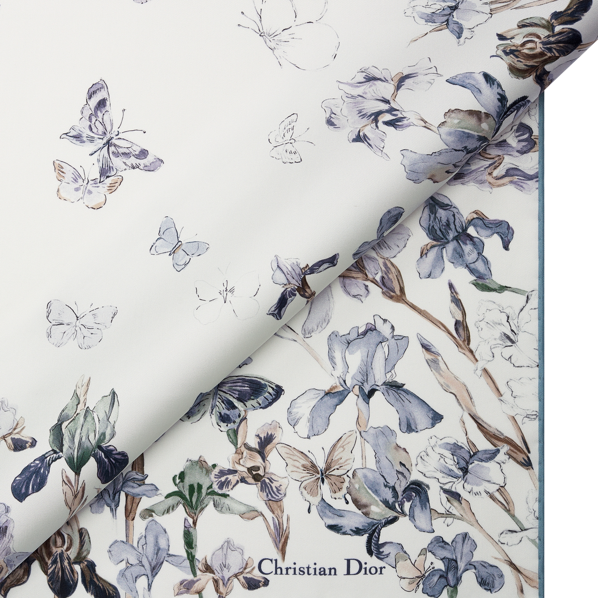 Butterflies & Iris 90 Square Scarf Azure Blue Silk Twill E09