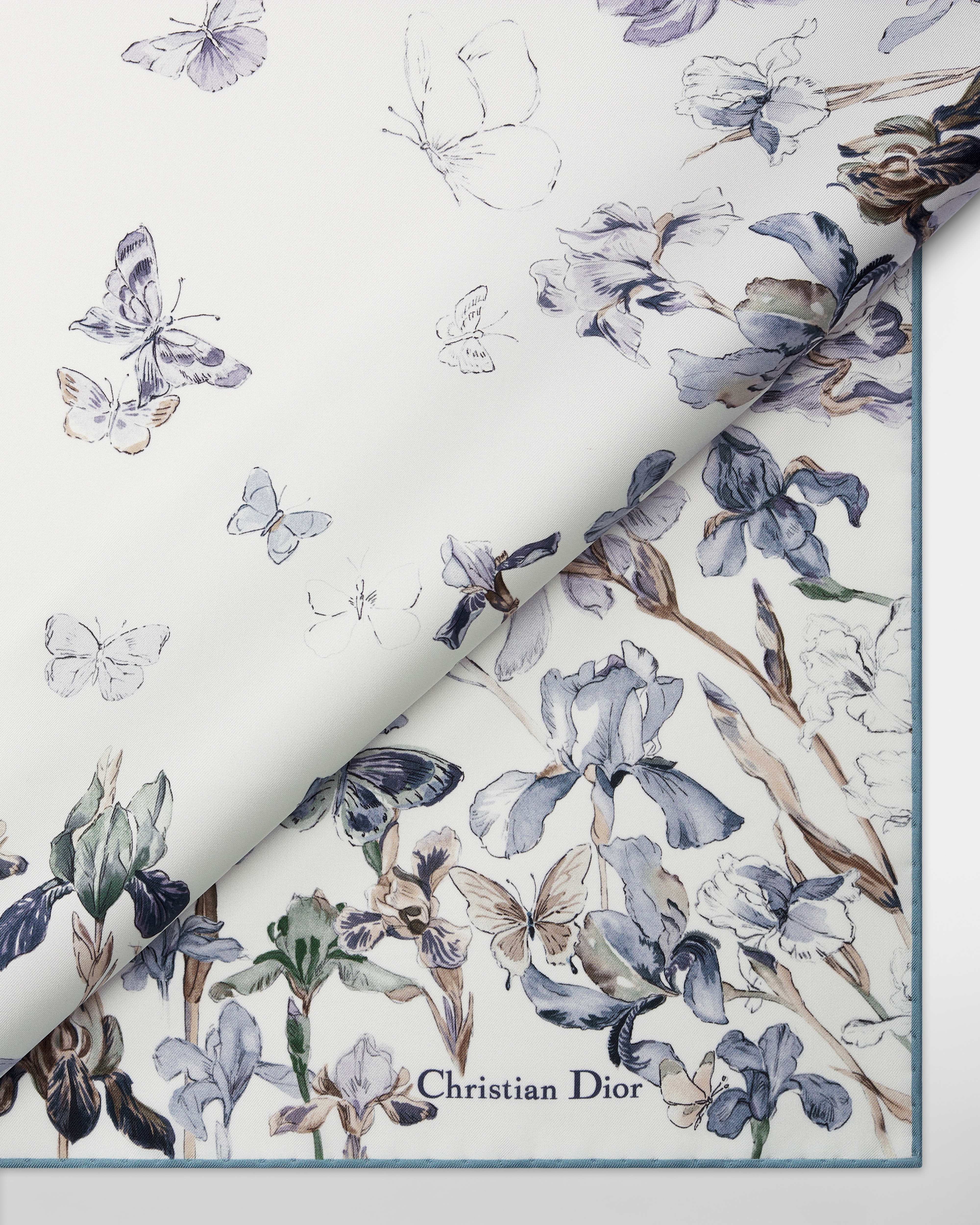 Butterflies & Iris 90 Square Scarf Azure Blue Silk Twill E09