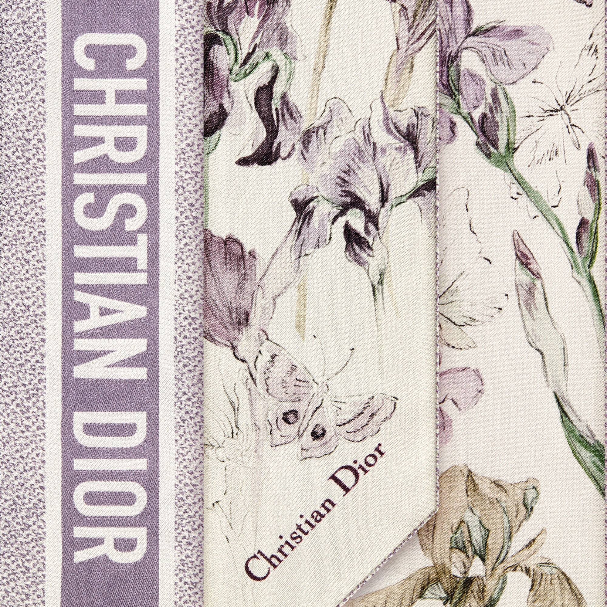 Butterflies & Iris Mitzah Scarf White and Purple Multicolor Silk Twill E09