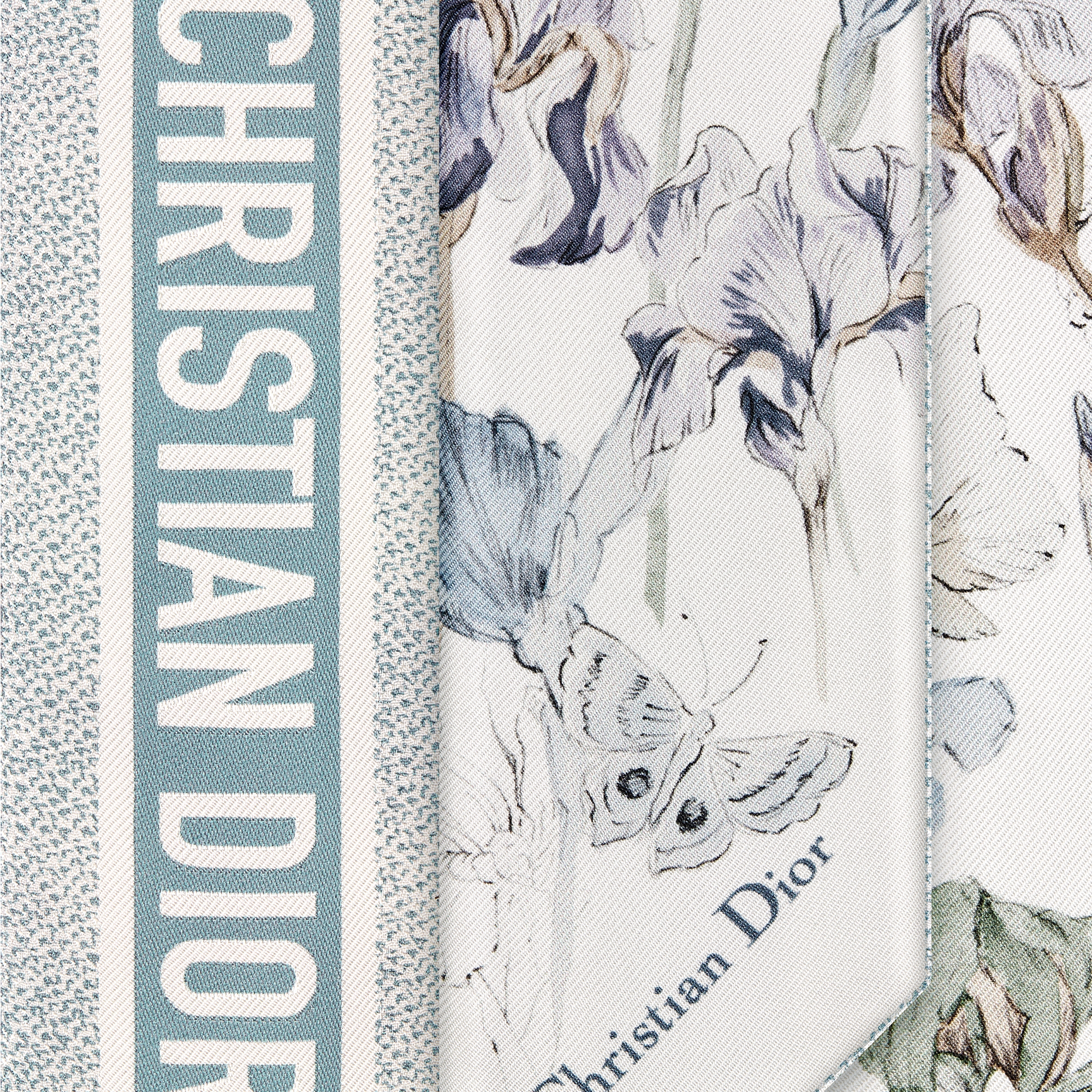 Butterflies & Iris Mitzah Scarf White and Azure Blue Silk Twill E09