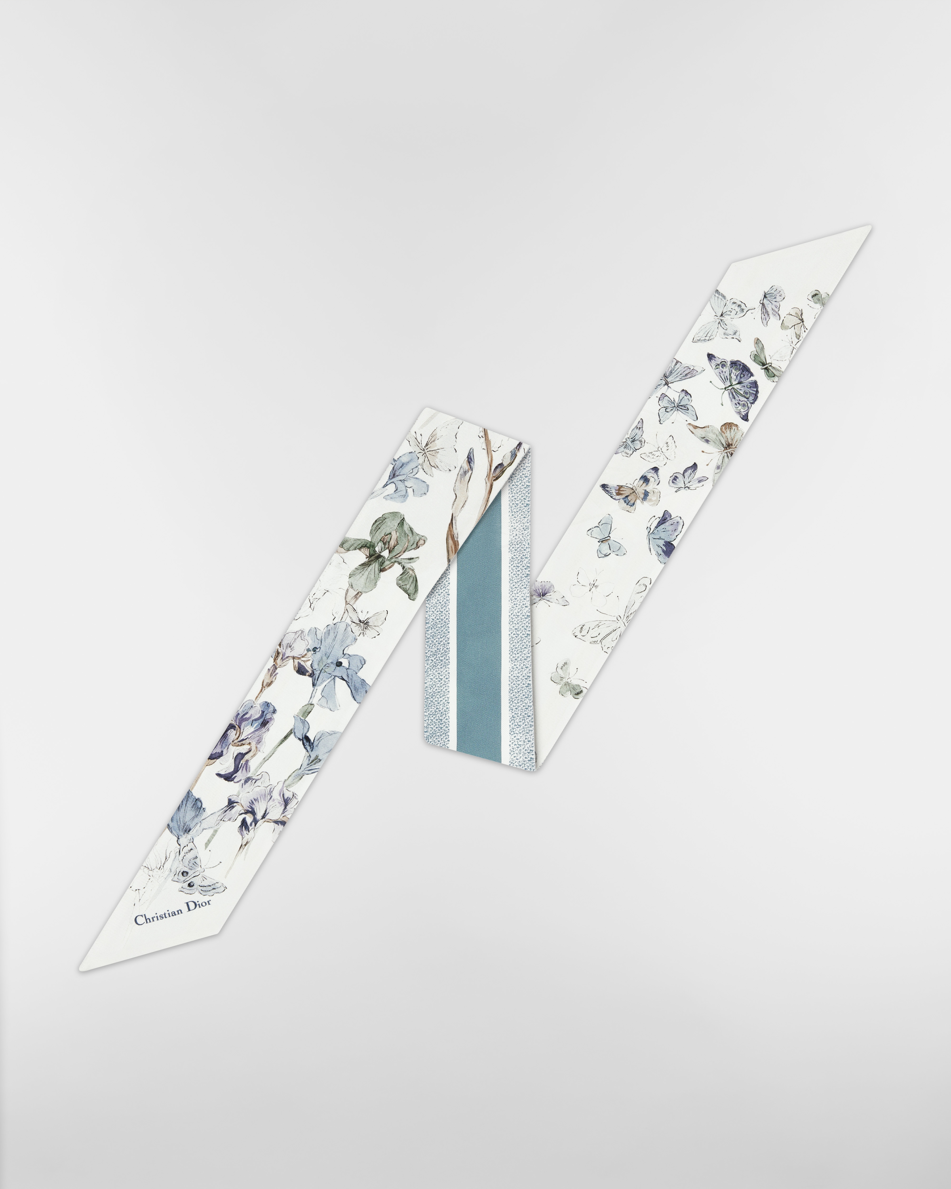 Butterflies & Iris Mitzah Scarf White and Azure Blue Silk Twill E01