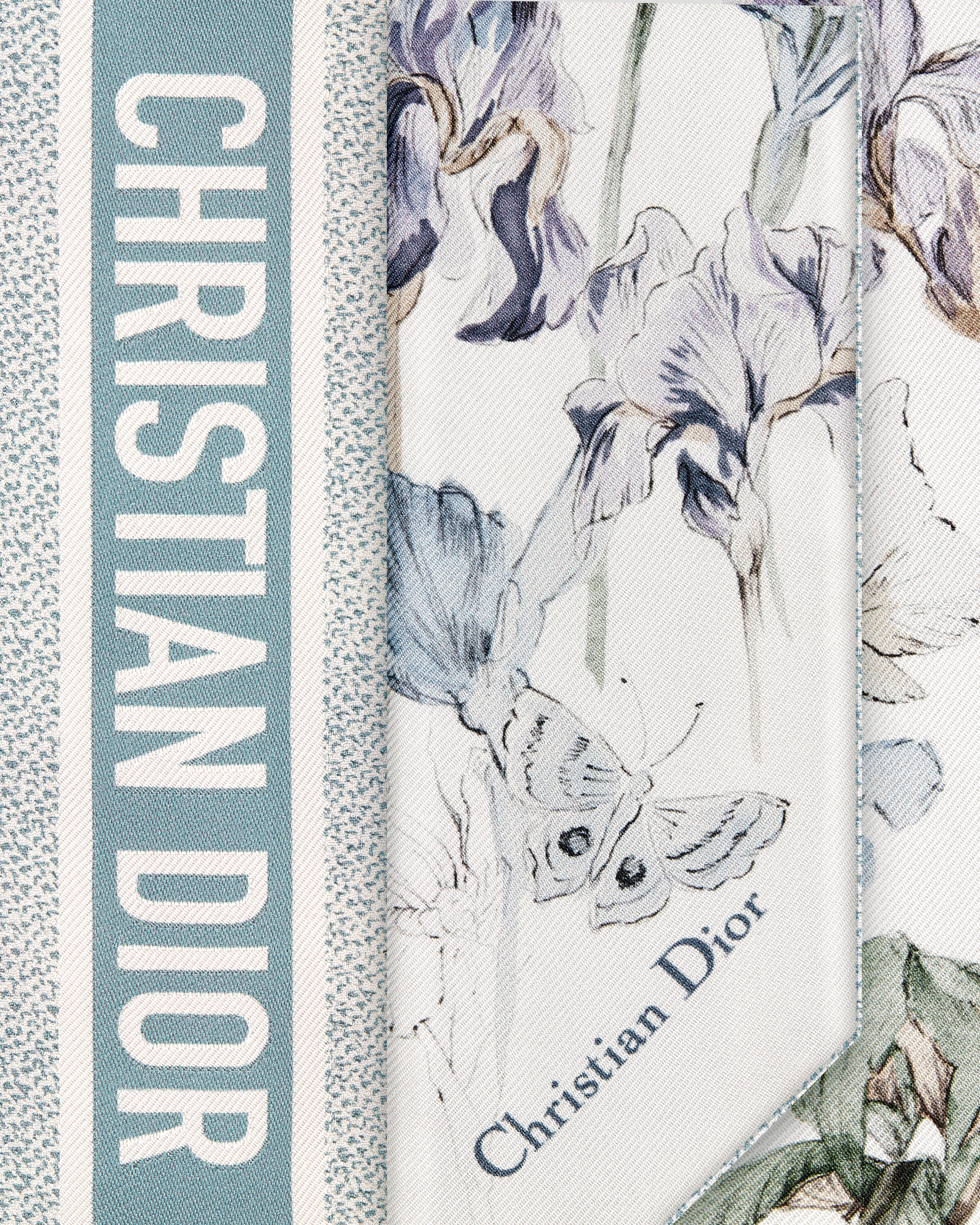 Butterflies & Iris Mitzah Scarf White and Azure Blue Silk Twill E09