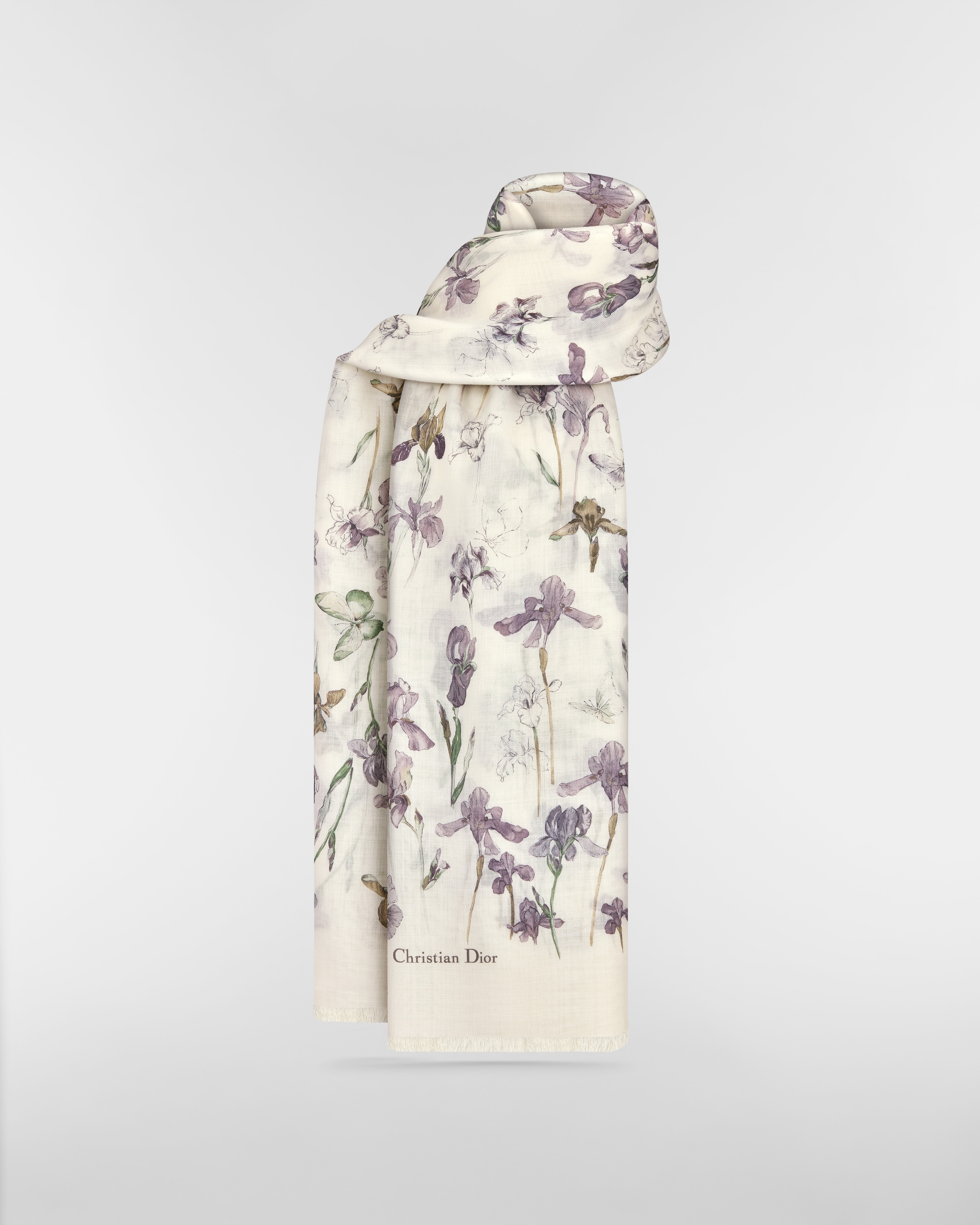 Maxi Butterflies & Iris Stole Ecru and Purple Multicolor Cashmere E01