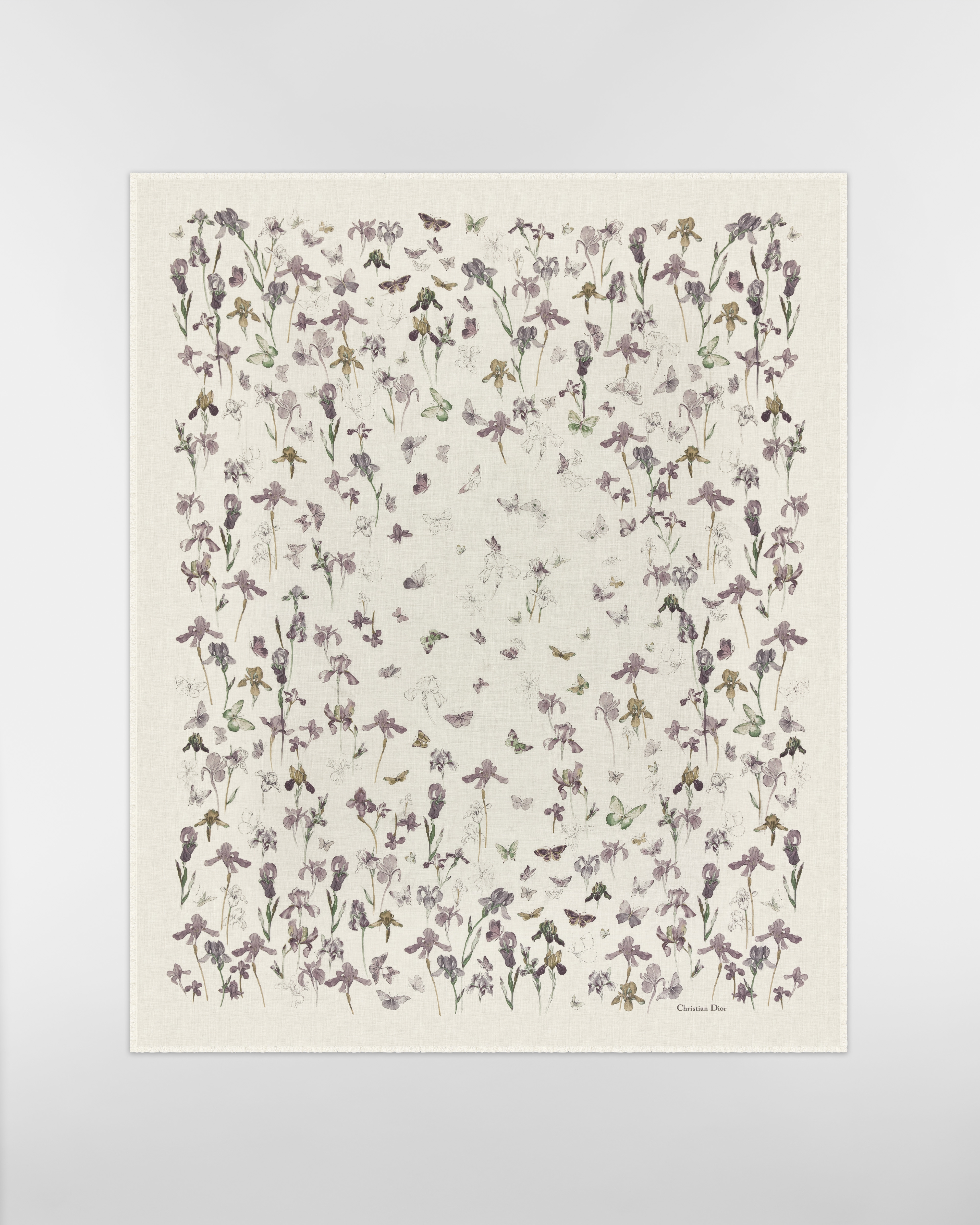 Maxi Butterflies & Iris Stole Ecru and Purple Multicolor Cashmere E07