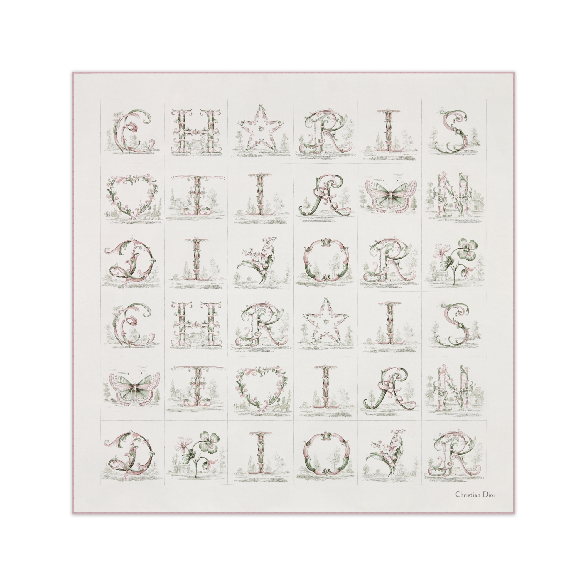 Dior Alphabet 90 Square Scarf White and Pink Silk Twill E01
