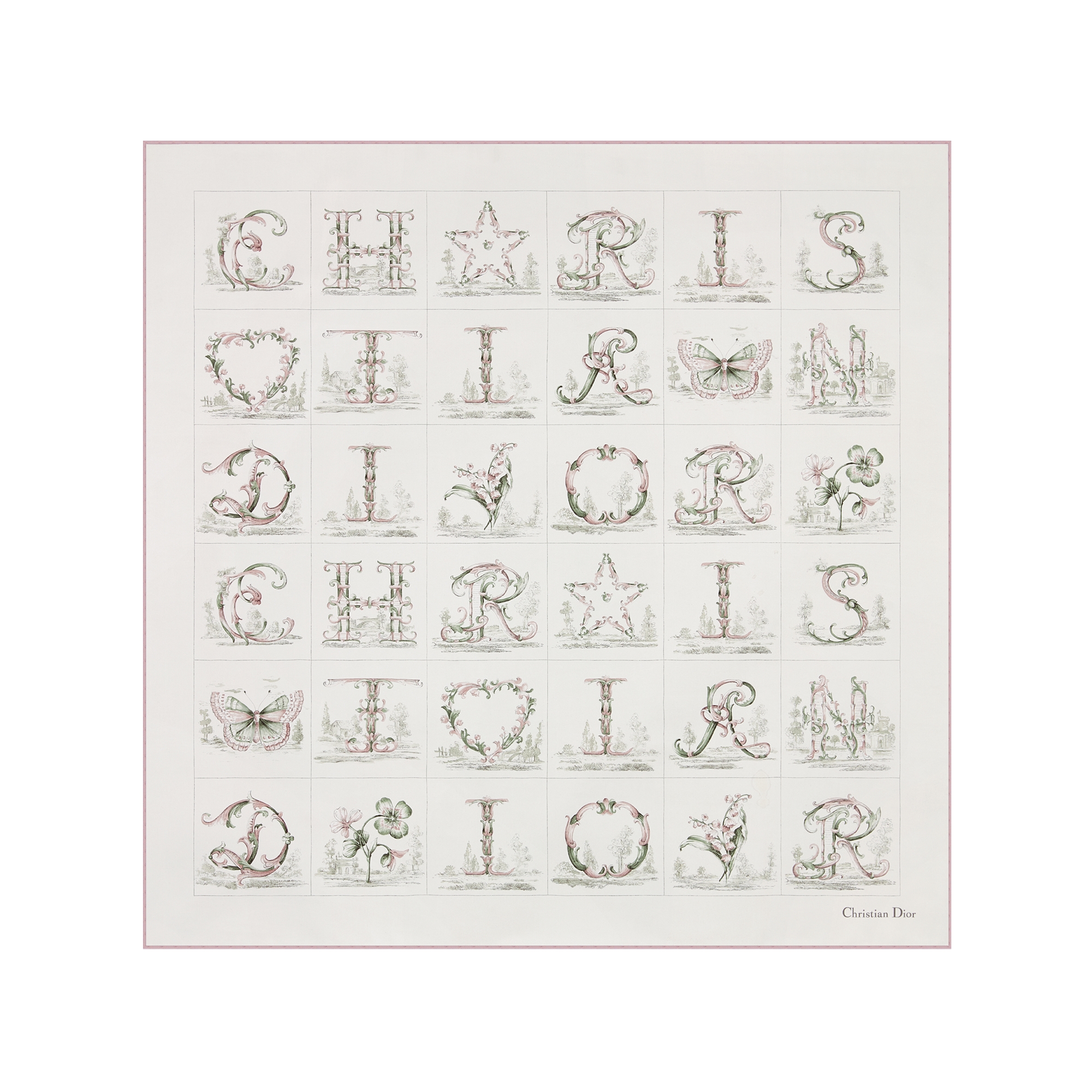 Dior Alphabet 90 Square Scarf White and Pink Silk Twill E01