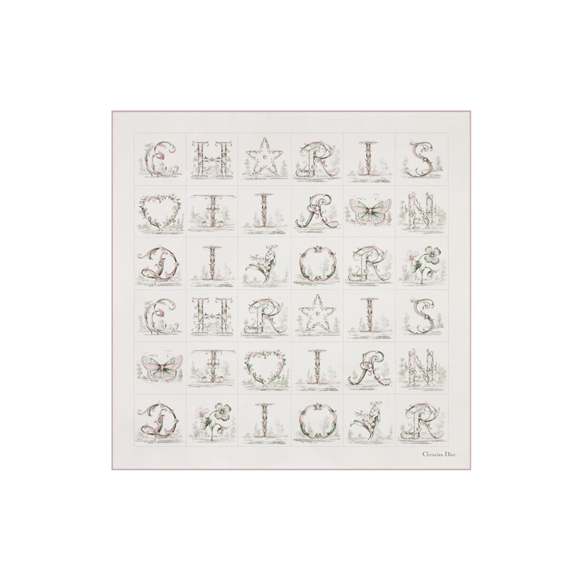 Dior Alphabet 90 Square Scarf White and Pink Silk Twill E01