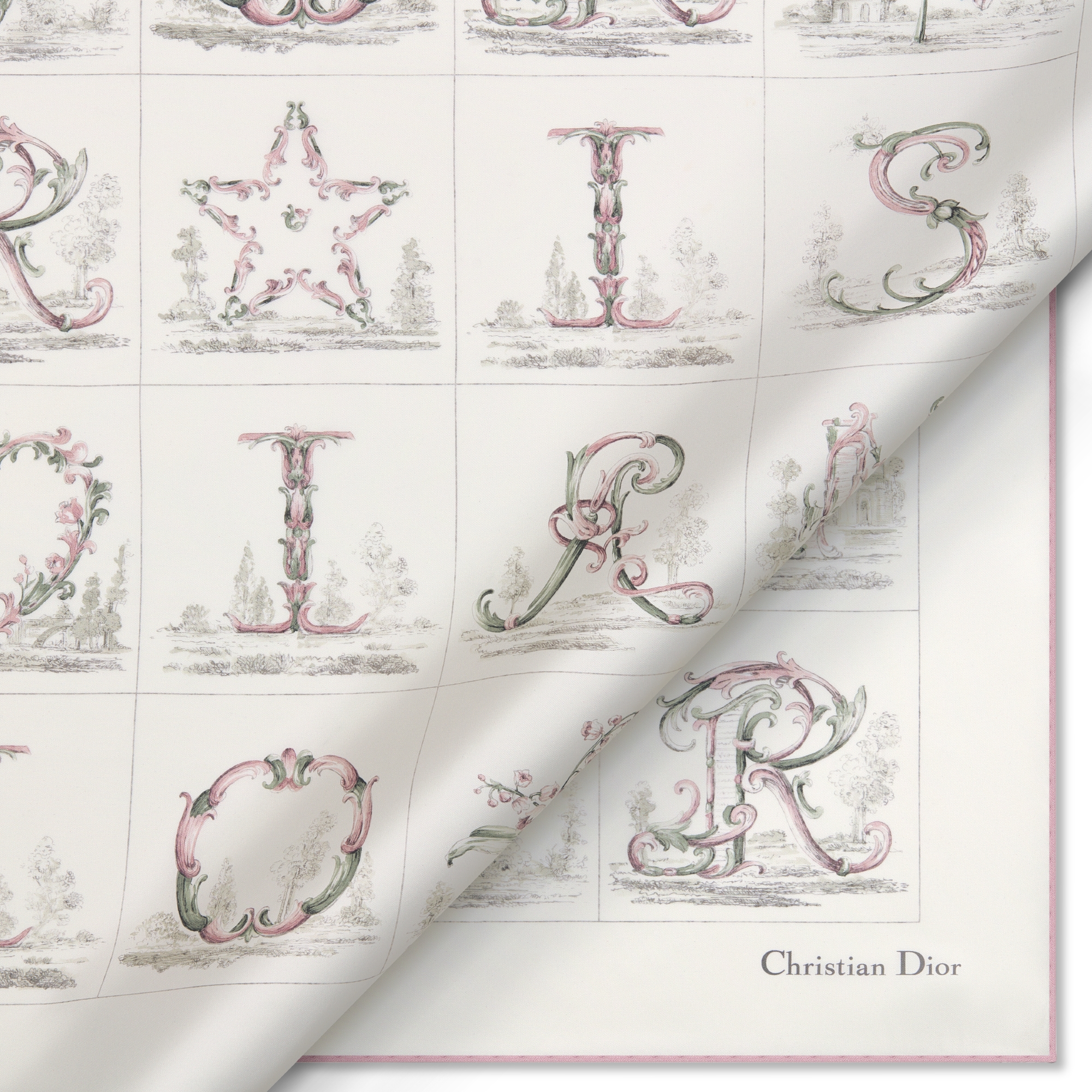 Dior Alphabet 90 Square Scarf White and Pink Silk Twill E09