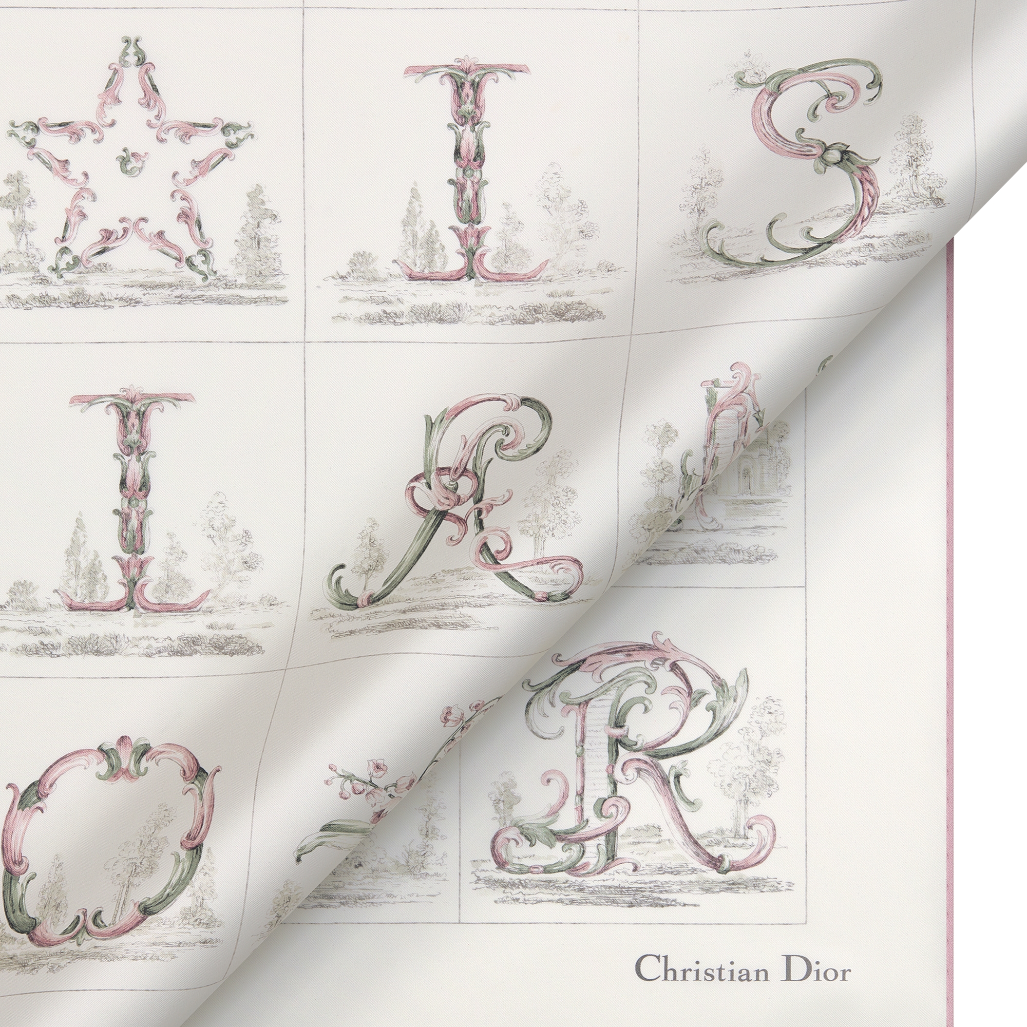 Dior Alphabet 90 Square Scarf White and Pink Silk Twill E09