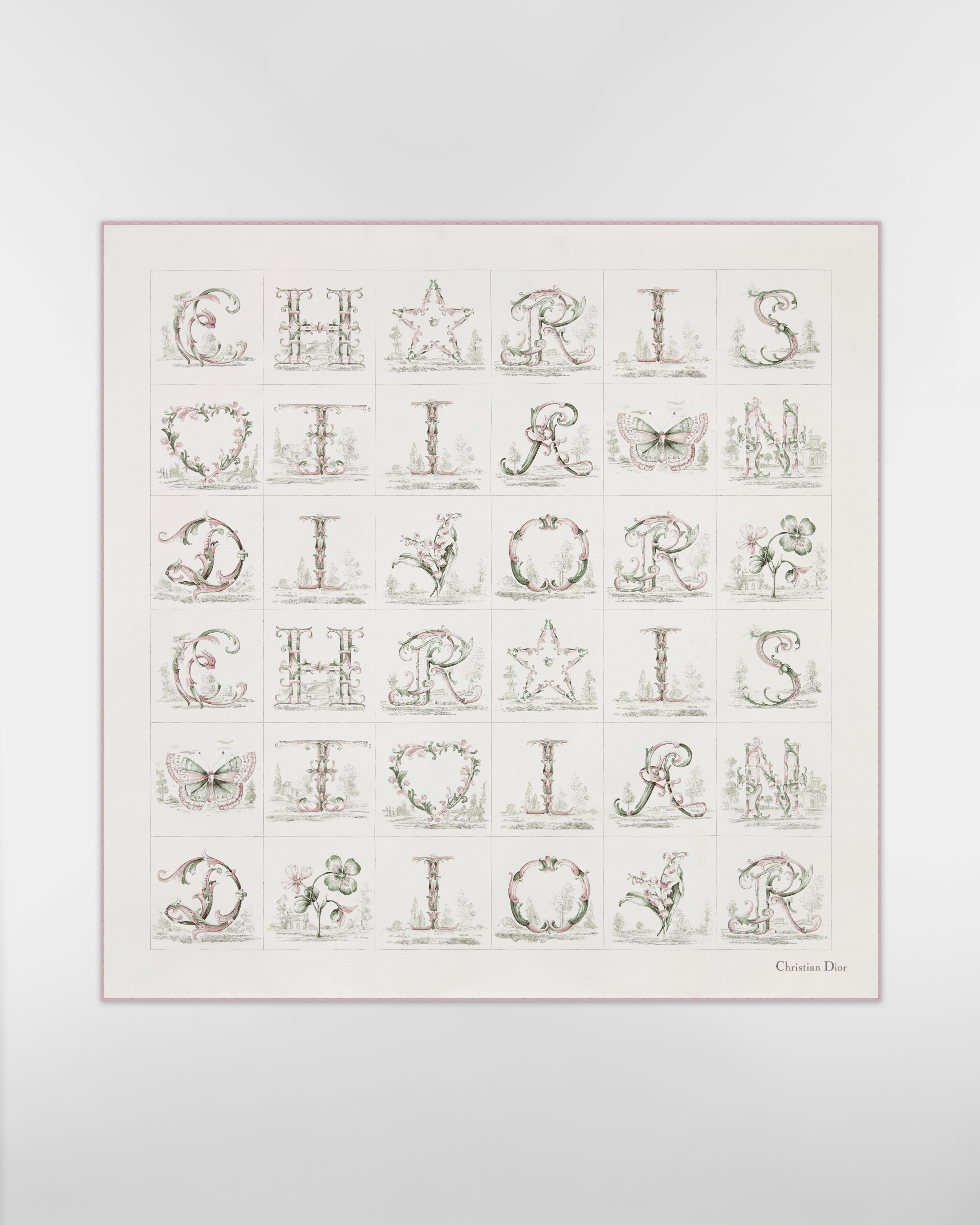 Dior Alphabet 90 Square Scarf White and Pink Silk Twill E01