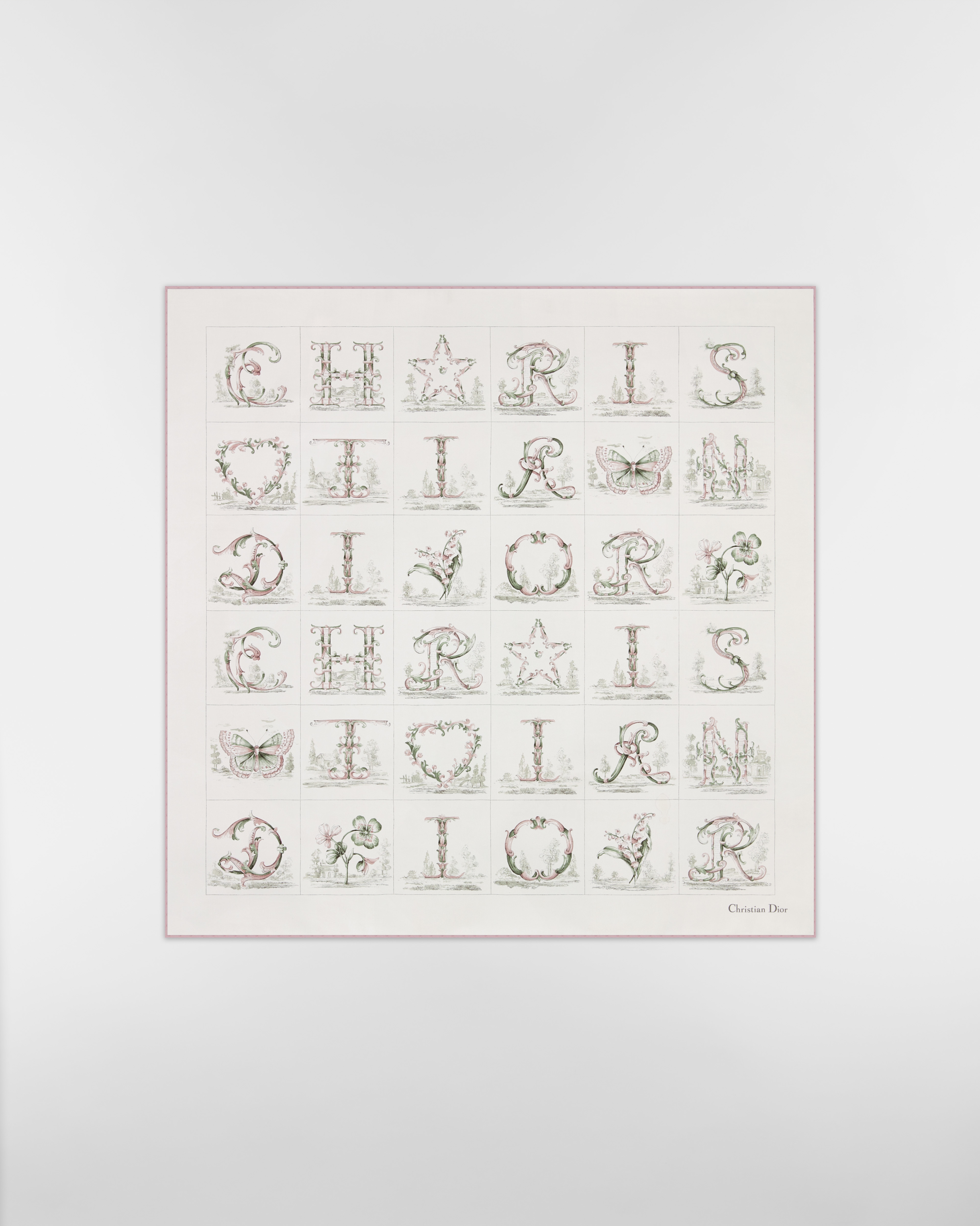 Dior Alphabet 90 스퀘어 스카프 화이트 & 핑크 실크 트윌 E01